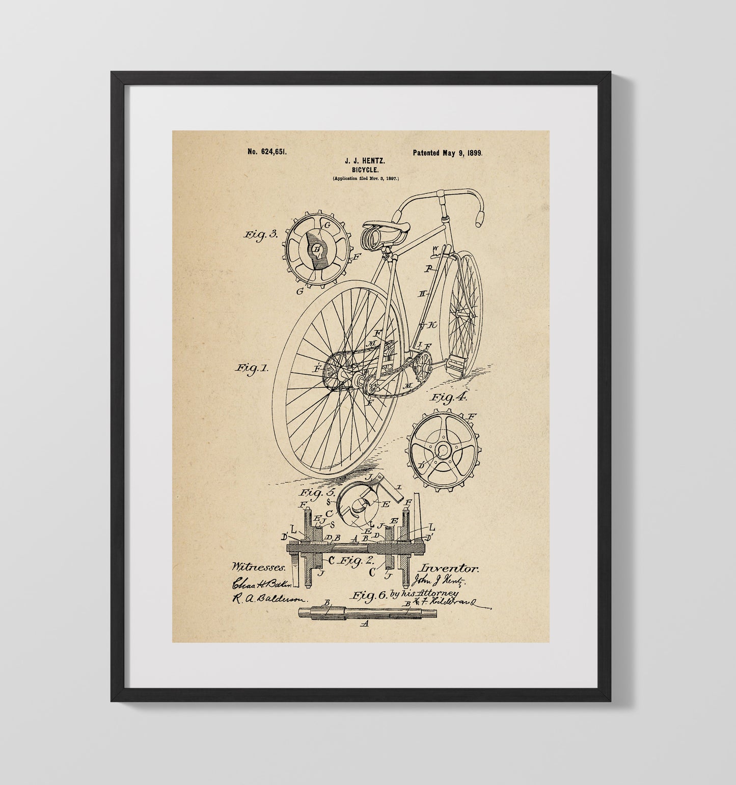 Bicycle 1899 patent print wall art 16x20 Gallery Frame