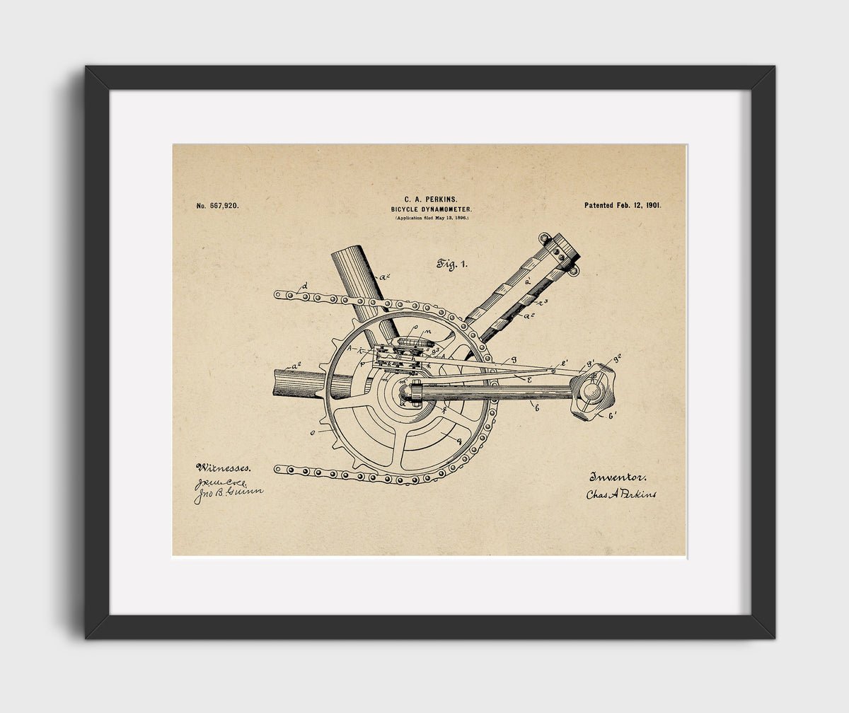 Bicycle Dynamometer 1901 patent print wall art 16x20 Gallery Frame