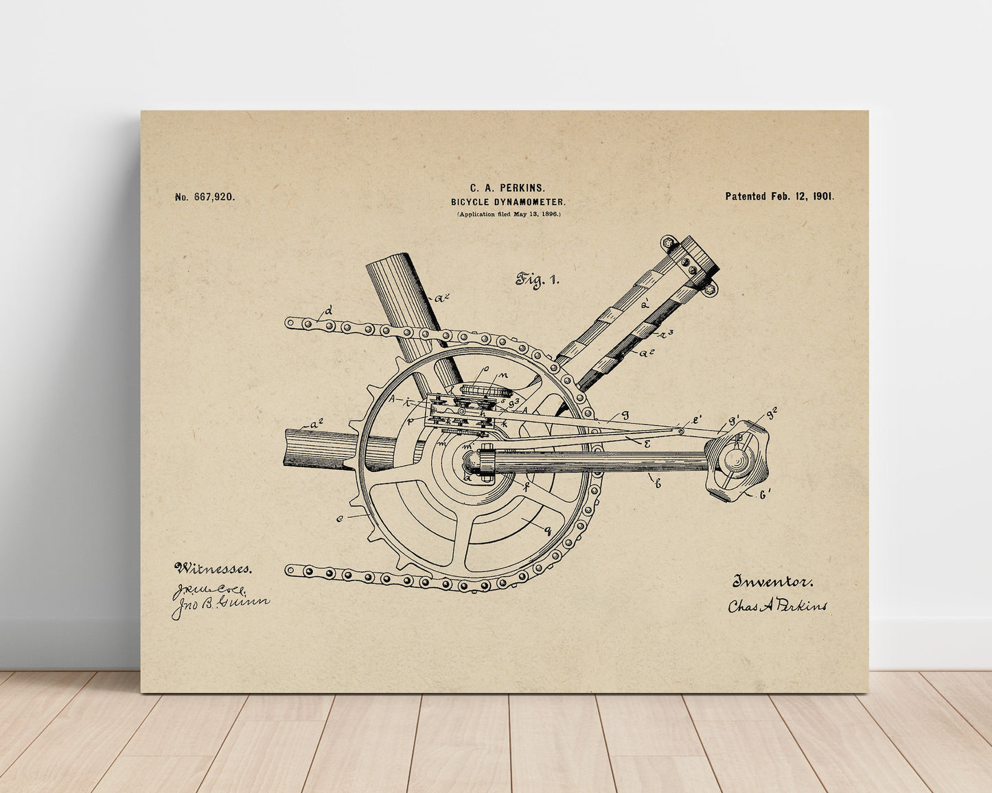 Patent Print - Bicycle Dynamometer - C A Perkins - 1901 - Patent 667920 - Landscape Patent Wall Art