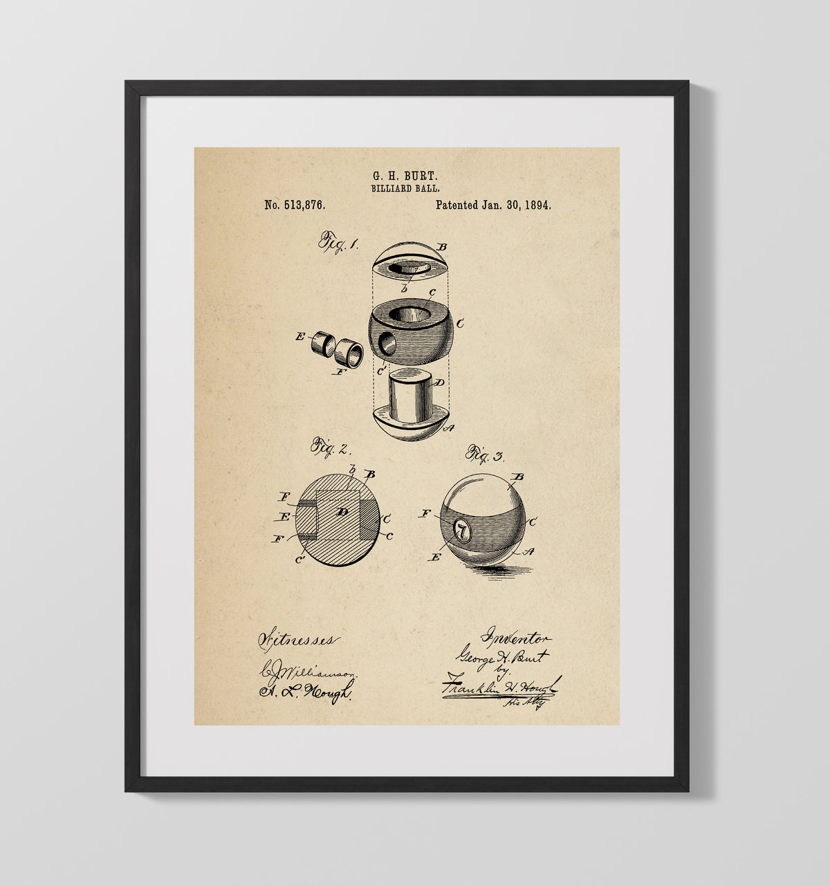 Billiard Ball 1894 patent print wall art 16x20 Gallery Frame