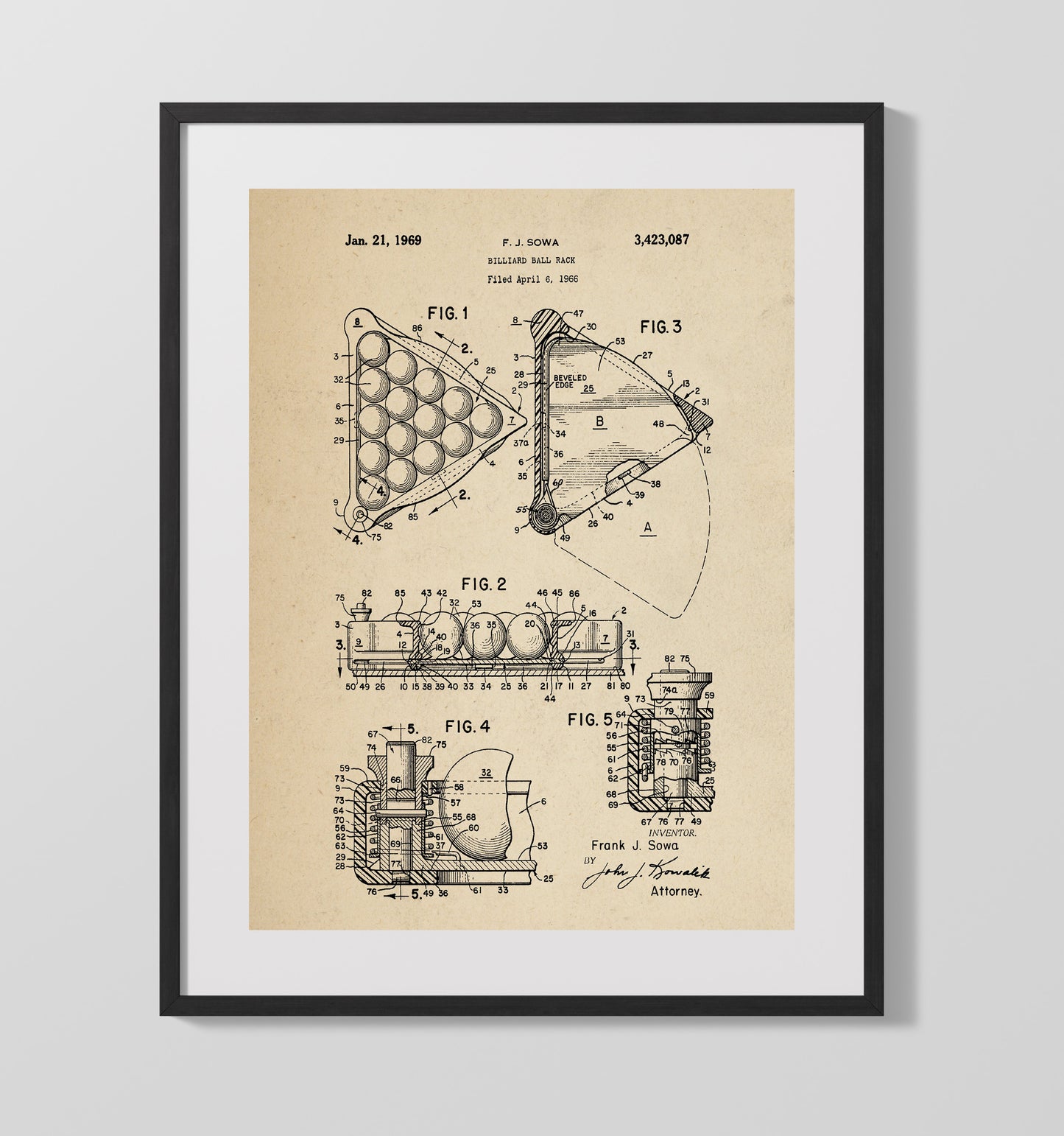 Billiard Ball Rack 1969 patent print wall art 16x20 Gallery Frame