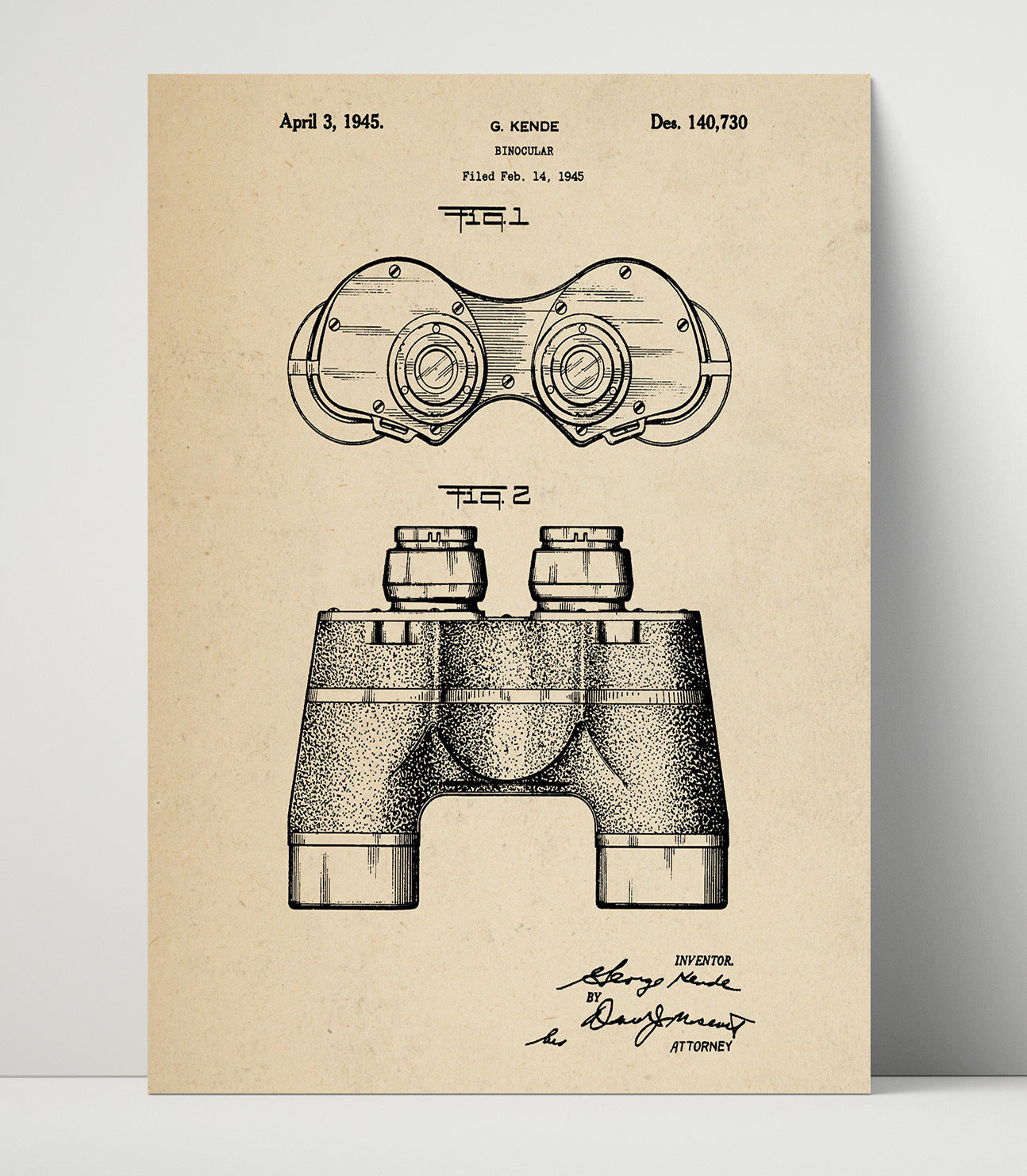 Patent Print - Binocular - G. Kende - 1945 - Patent D140730 Patent Wall Art