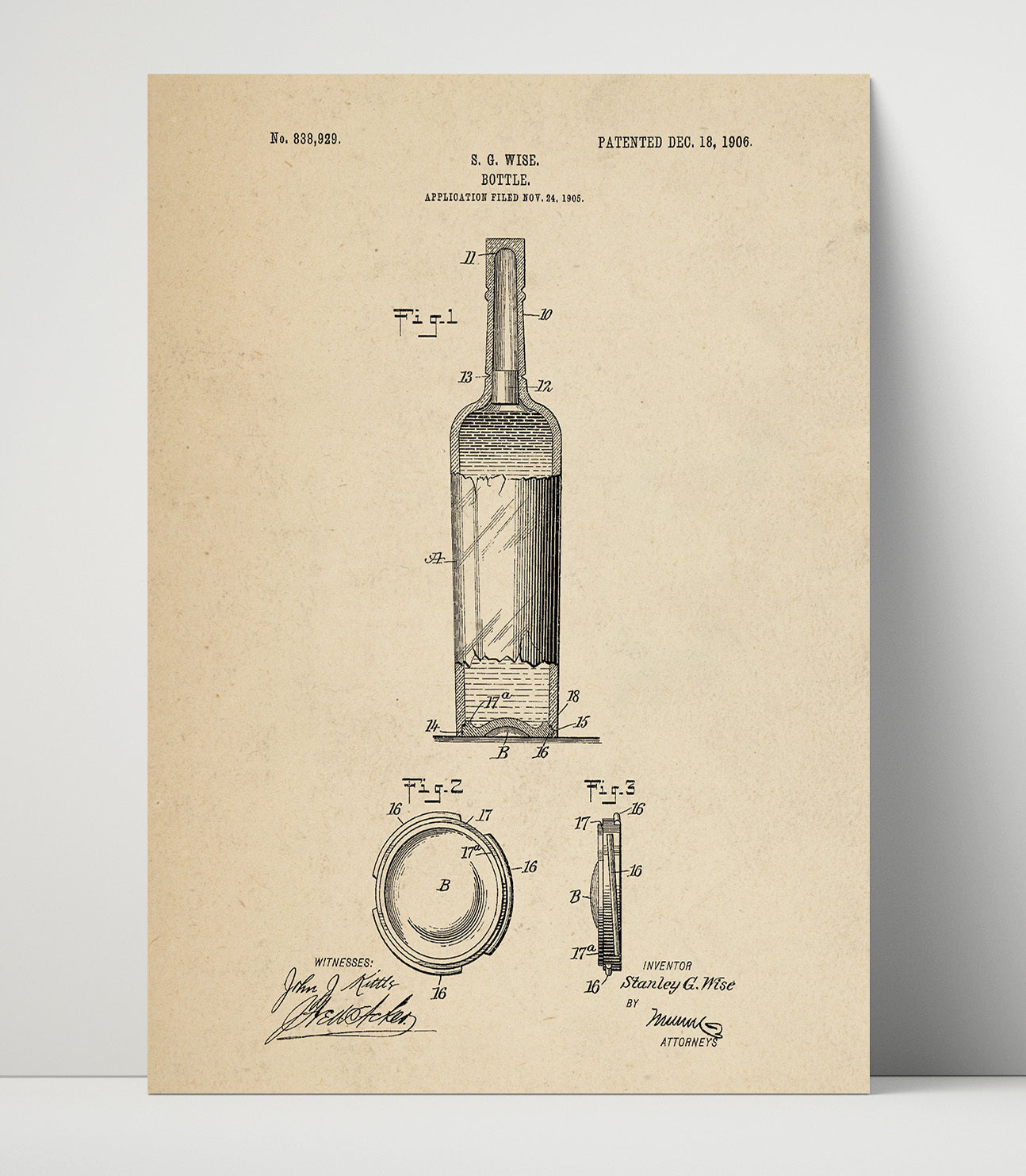 Patent Print - Bottle - S.G. Wise - 1906 - Patent 838929 Patent Wall Art
