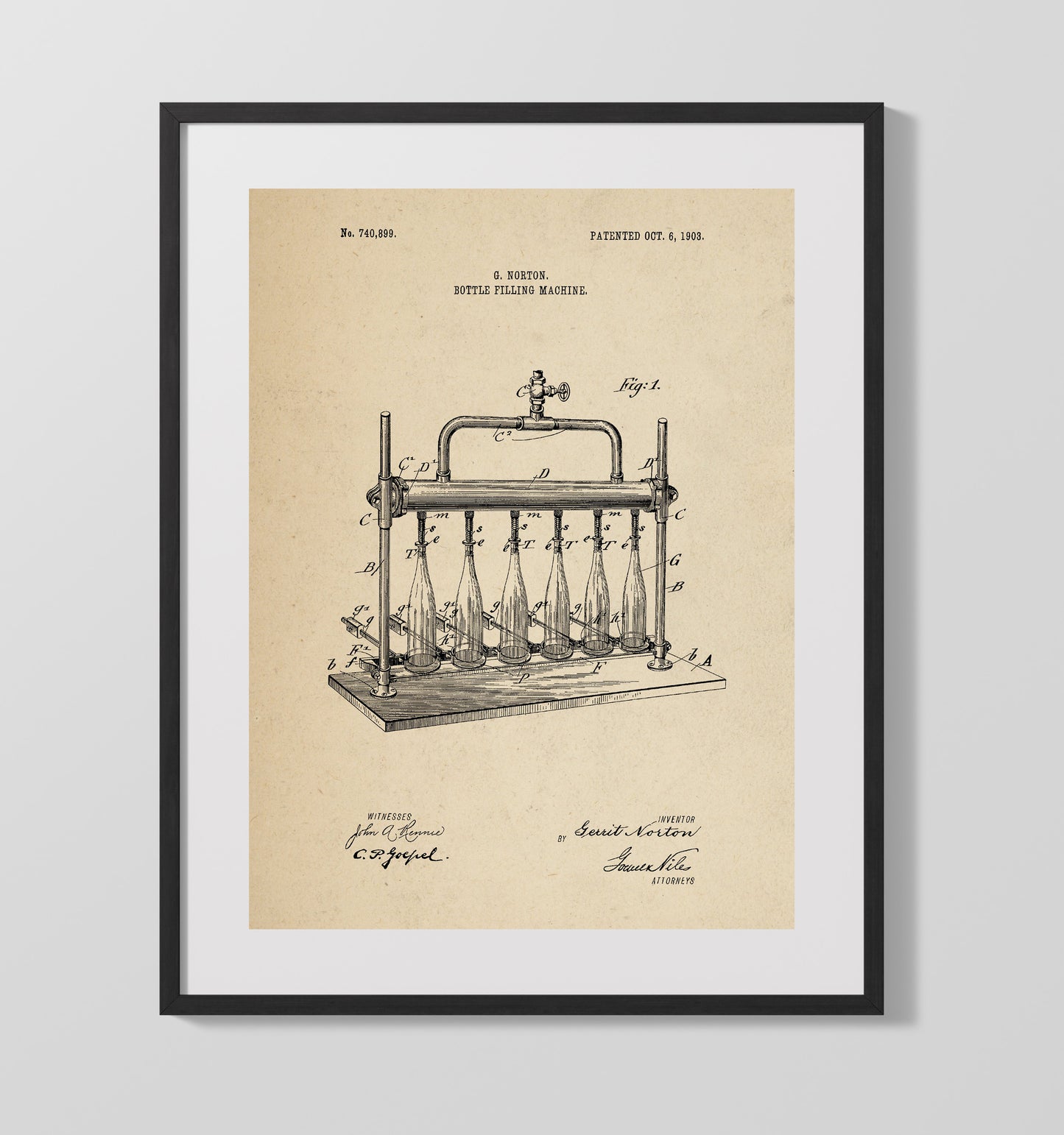 Bottle Filling Machine 1903 patent print wall art 16x20 Gallery Frame