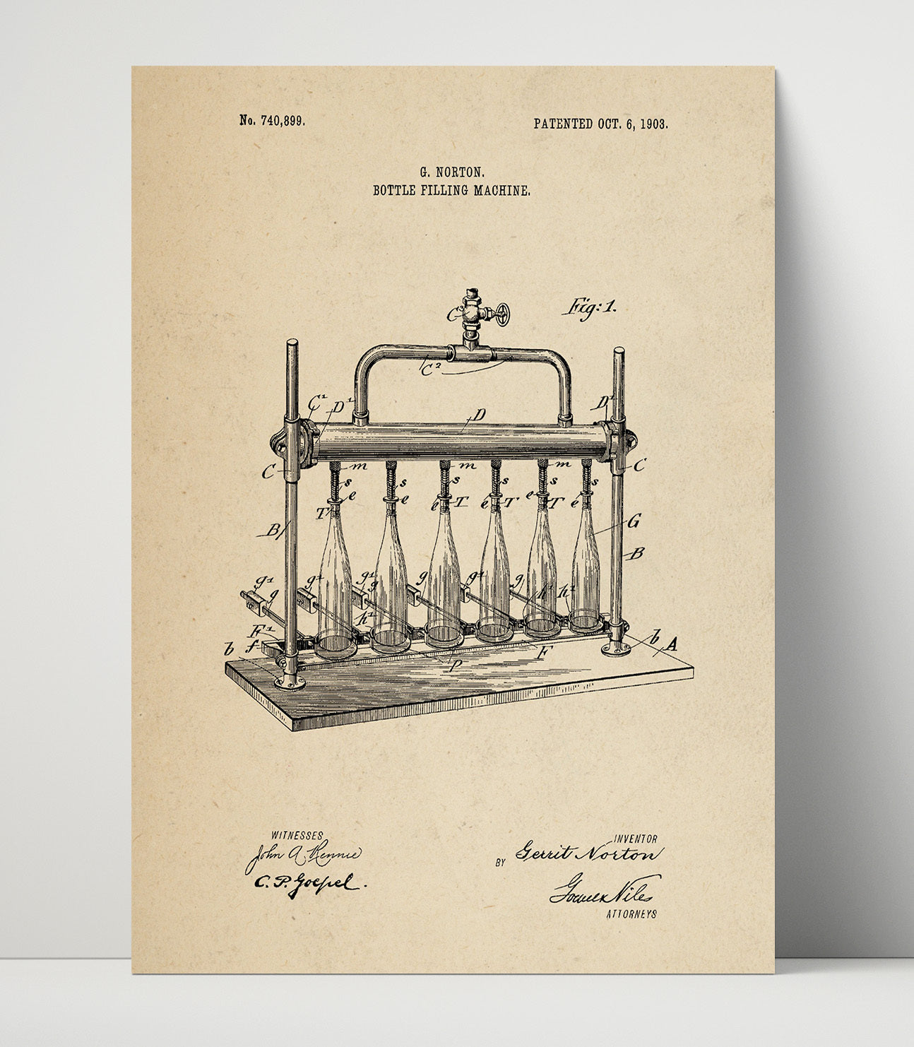 Patent Print - Bottle Filling Machine - G. Norton - 1903 - Patent 740899 Patent Wall Art