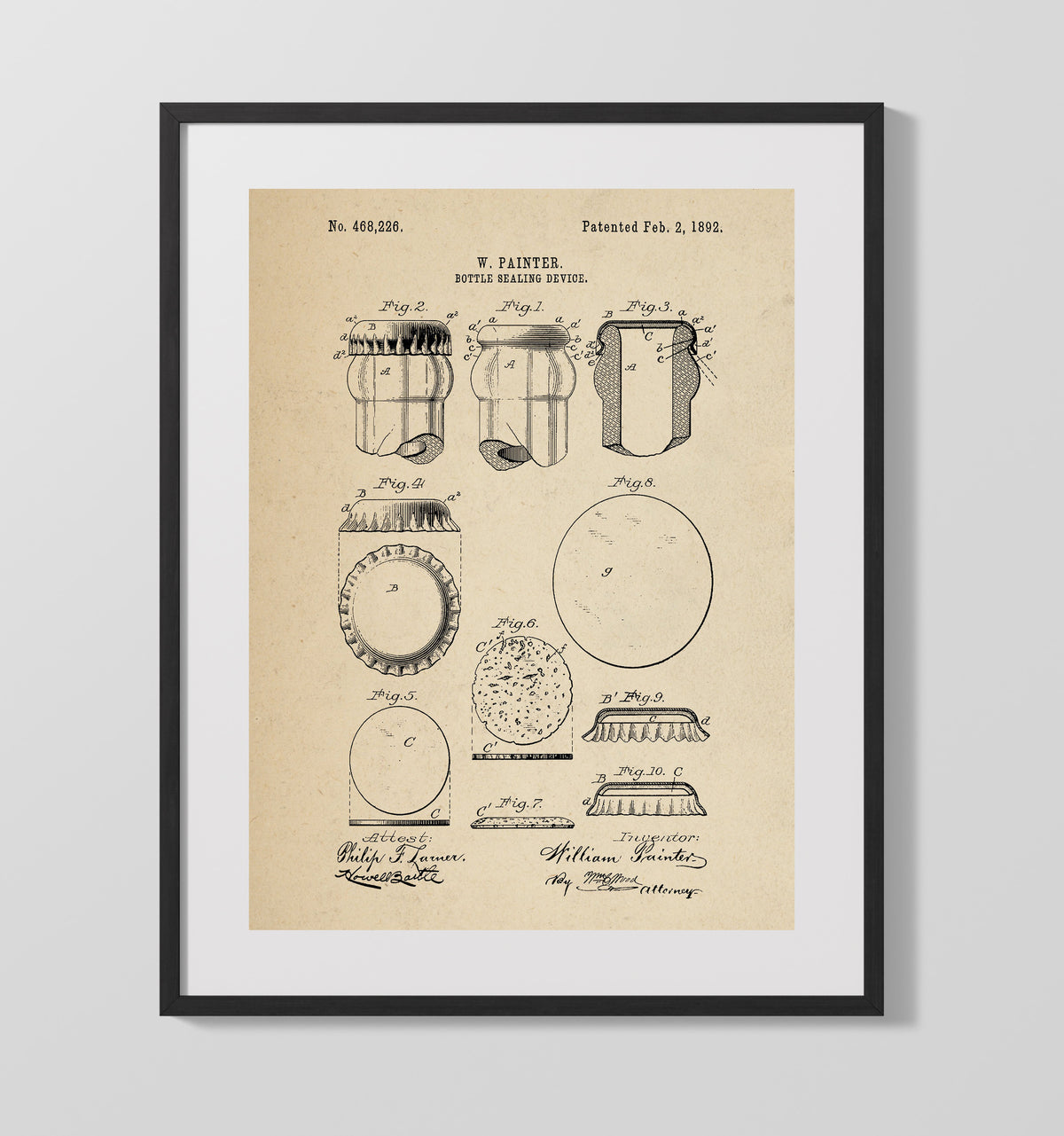 Bottle Sealing Device 1892 patent print wall art 16x20 Gallery Frame