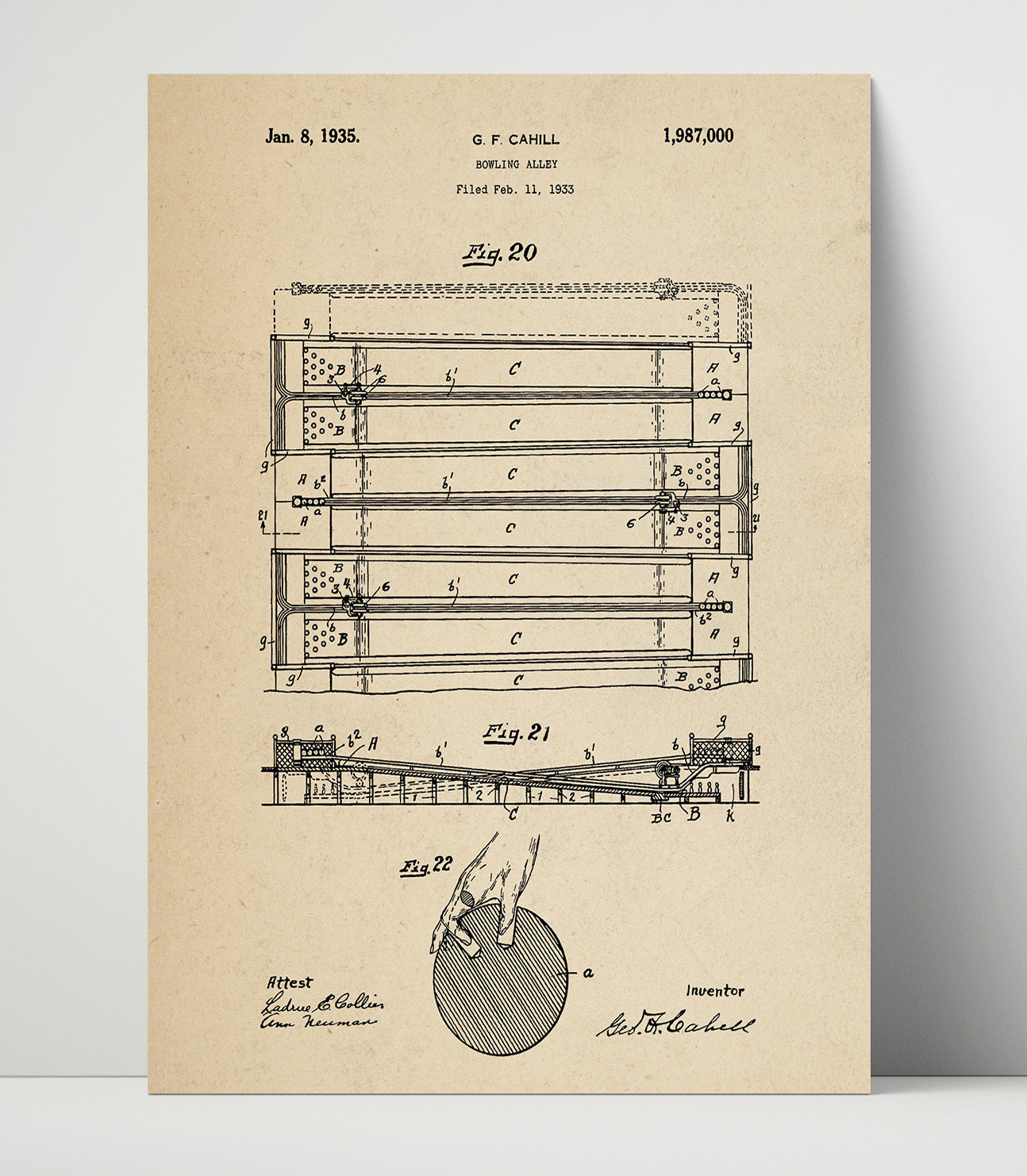 Patent Print - Bowling Alley - G F Cahill - 1935 - Patent 1987000 Patent Wall Art