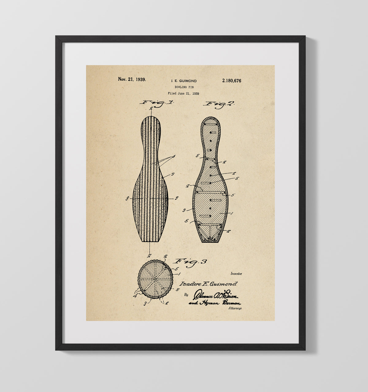 Bowling Pin 1939 patent print wall art 16x20 Gallery Frame