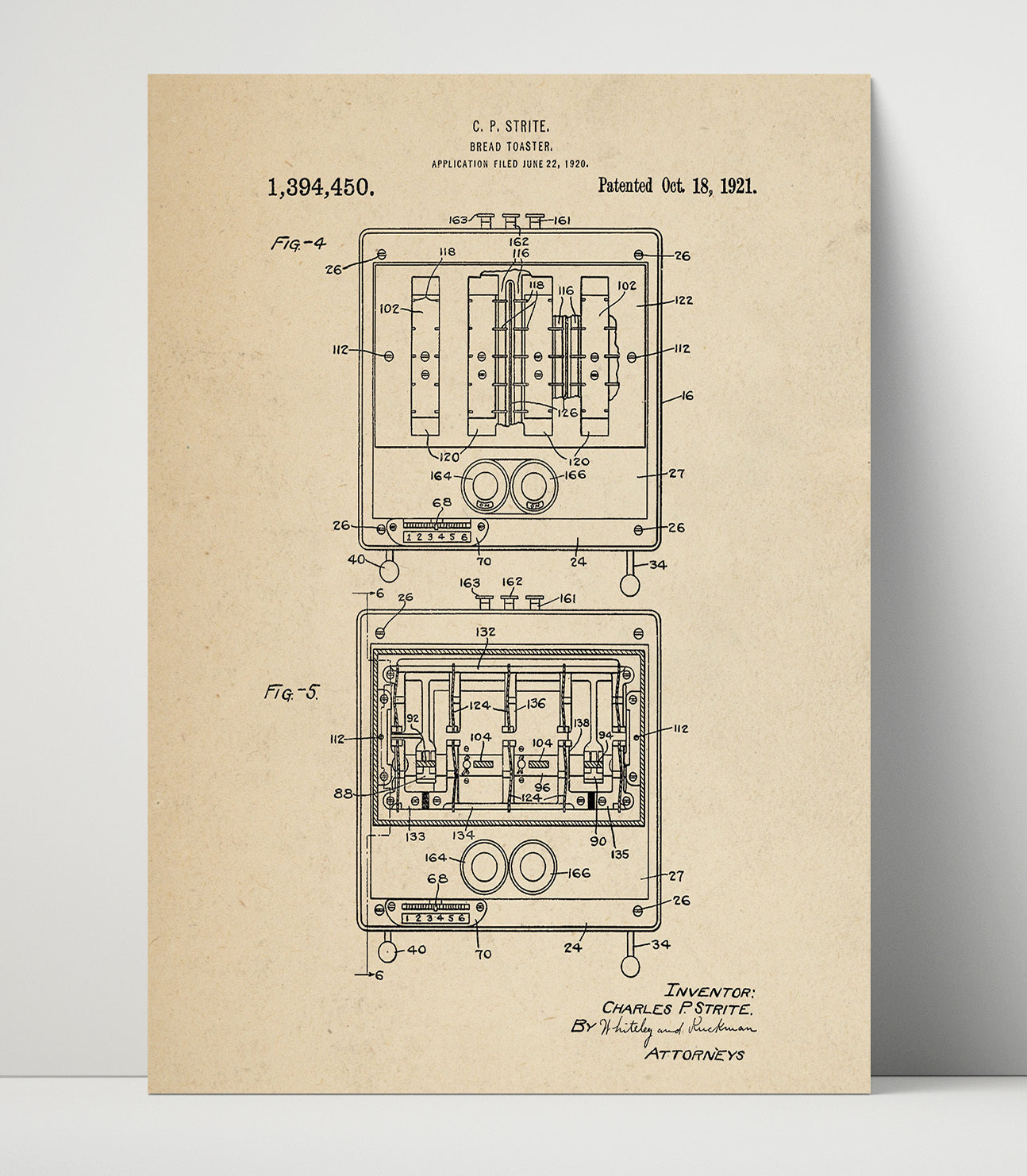 Patent Print - Bread Toaster - C.P. Strite - 1921 - Patent 1394450 Patent Wall Art