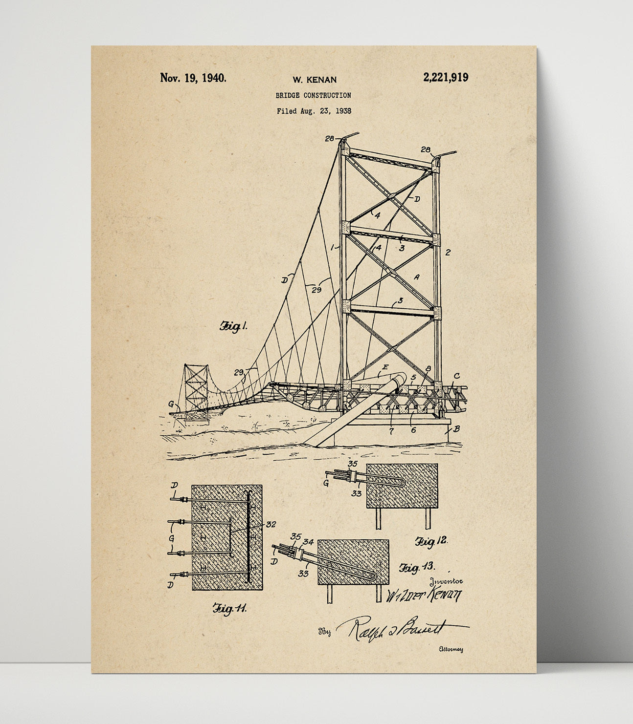 Patent Print - Bridge Construction - W Kenan - 1940 - Patent 2221919 Patent Wall Art