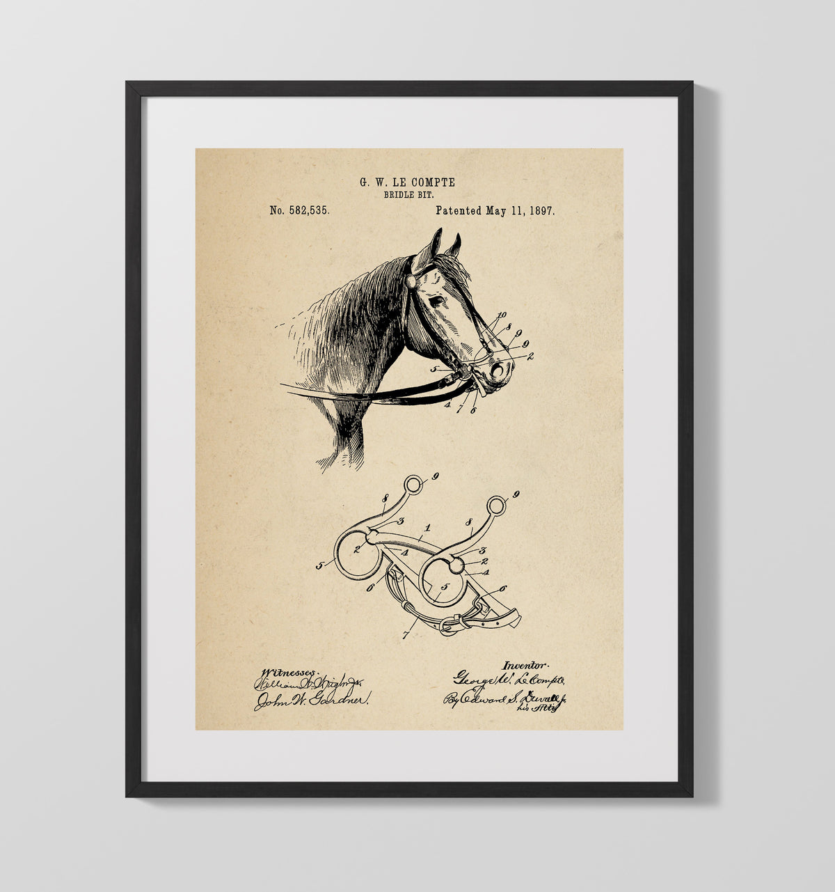 Bridle Bit 1897 patent print wall art 16x20 Gallery Frame