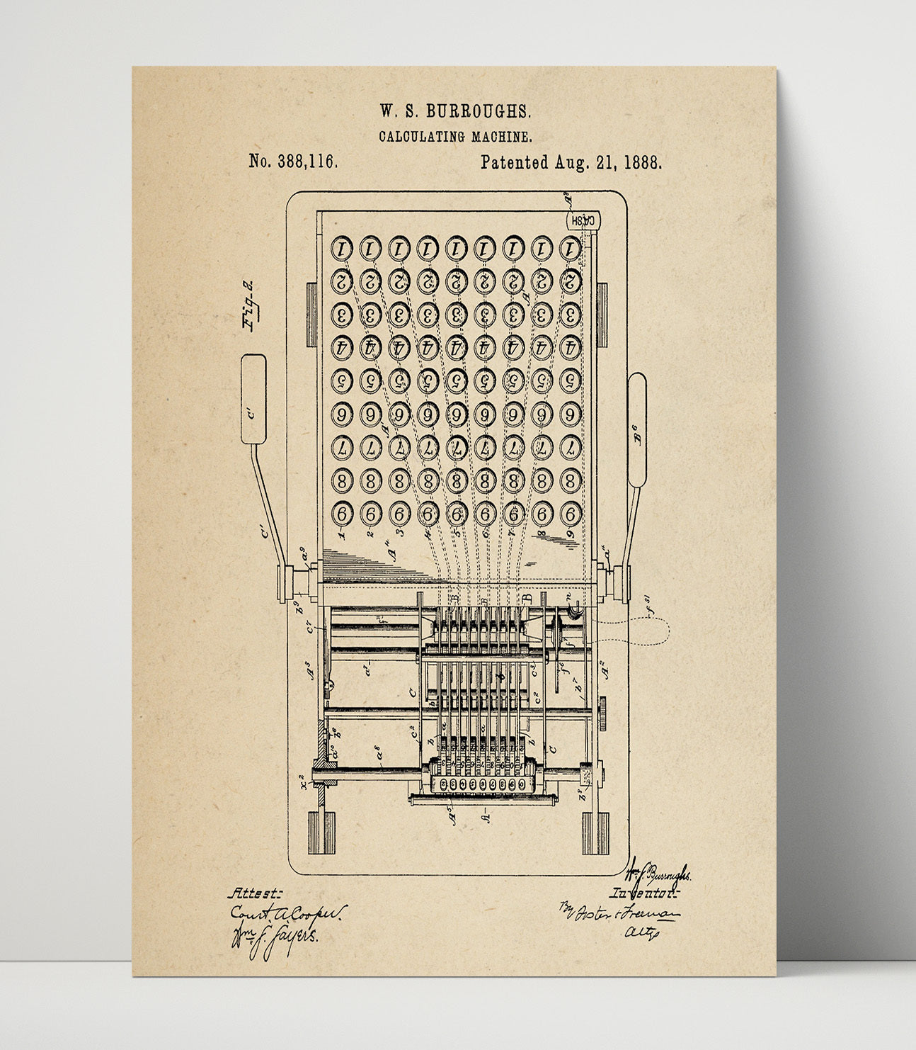 Patent Print - Calculating Machine Internal Mechanism - William S. Burroughs - 1888 - Patent 388116 Patent Wall Art