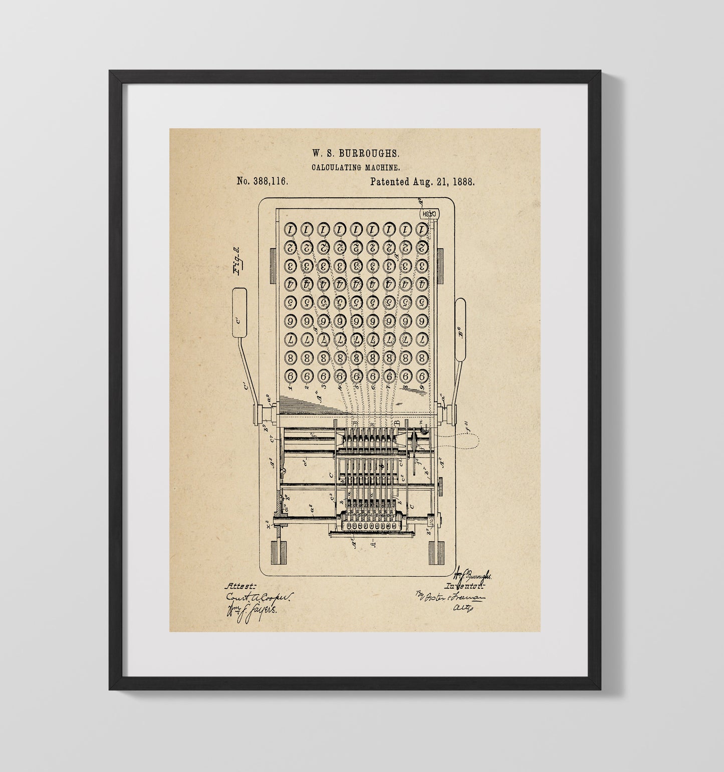 Calculating Machine Internal Mechanism 1888 patent print wall art 16x20 Gallery Frame