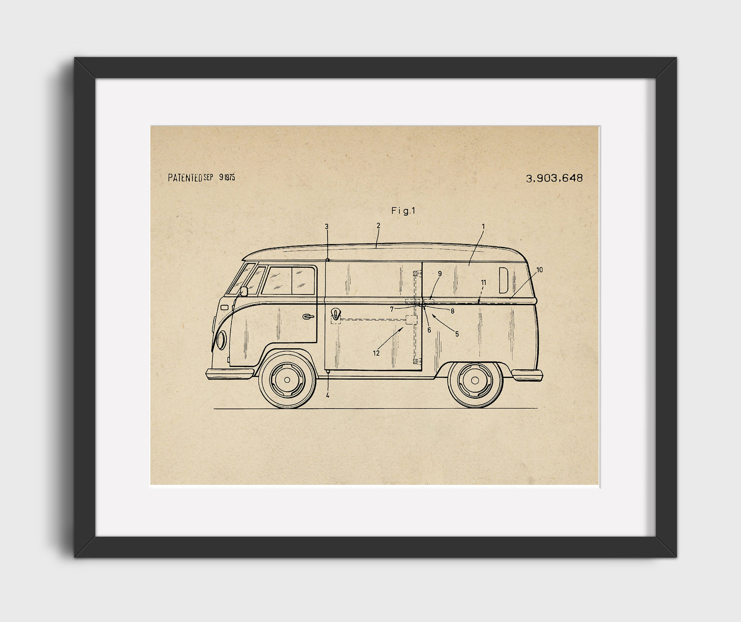 Camper Van Sliding Door System 1975 patent print wall art 16x20 Gallery Frame