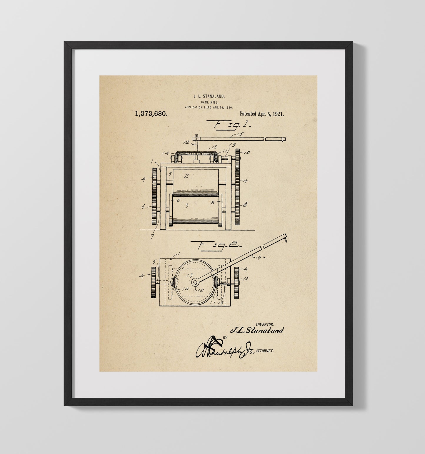 Cane Mill 1921 patent print wall art 16x20 Gallery Frame
