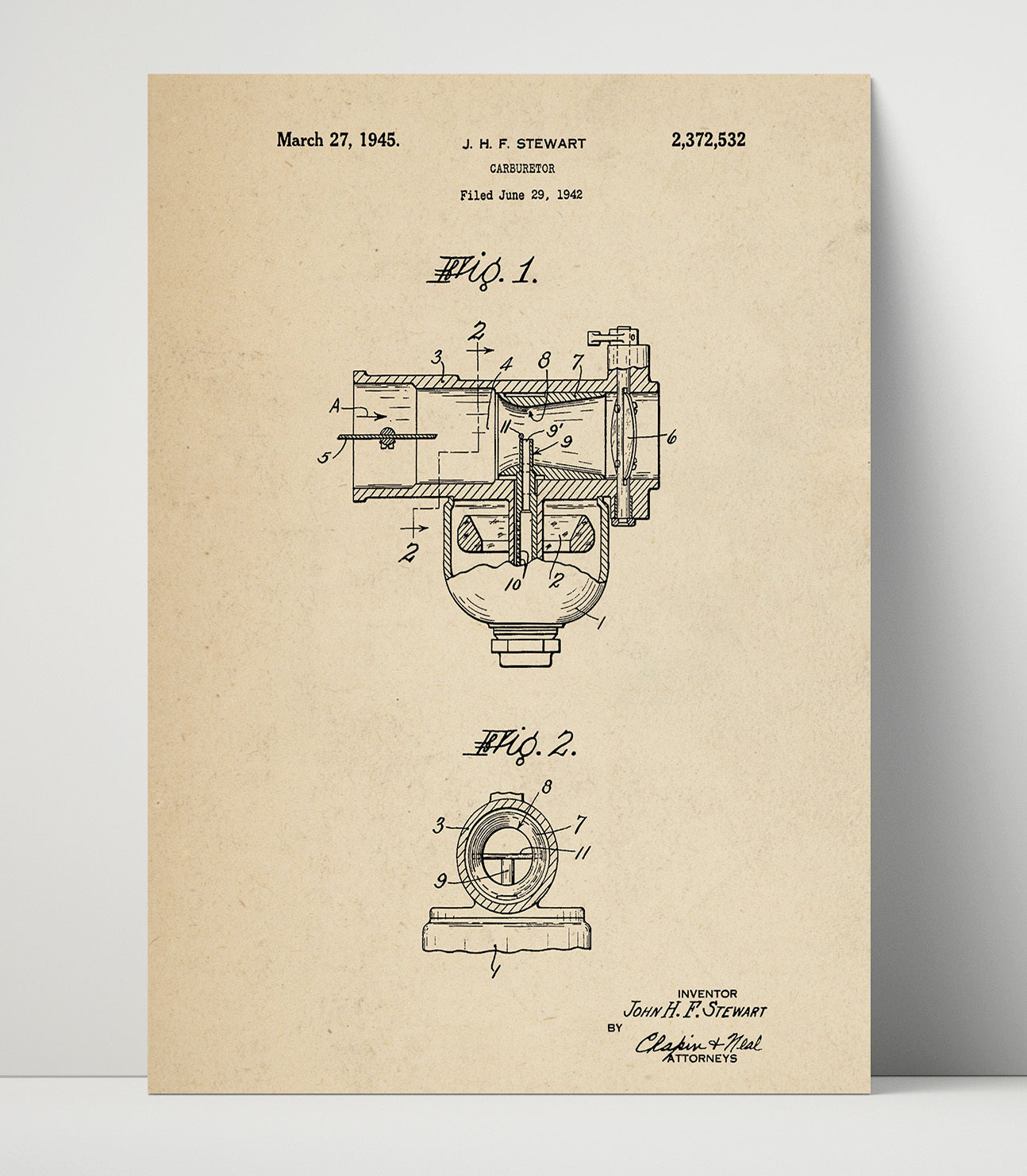 Patent Print - Carburetor - John H F Stewart - 1945 - Patent 2372532 Patent Wall Art