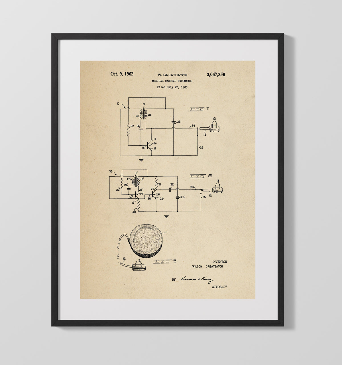 Cardiac Pacemaker 1962 patent print wall art 16x20 Gallery Frame