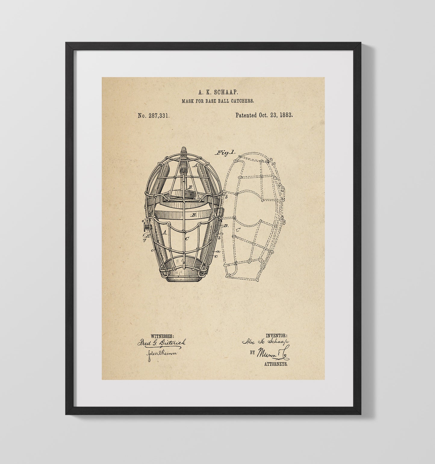 Catchers Mask 1883 patent print wall art 16x20 Gallery Frame