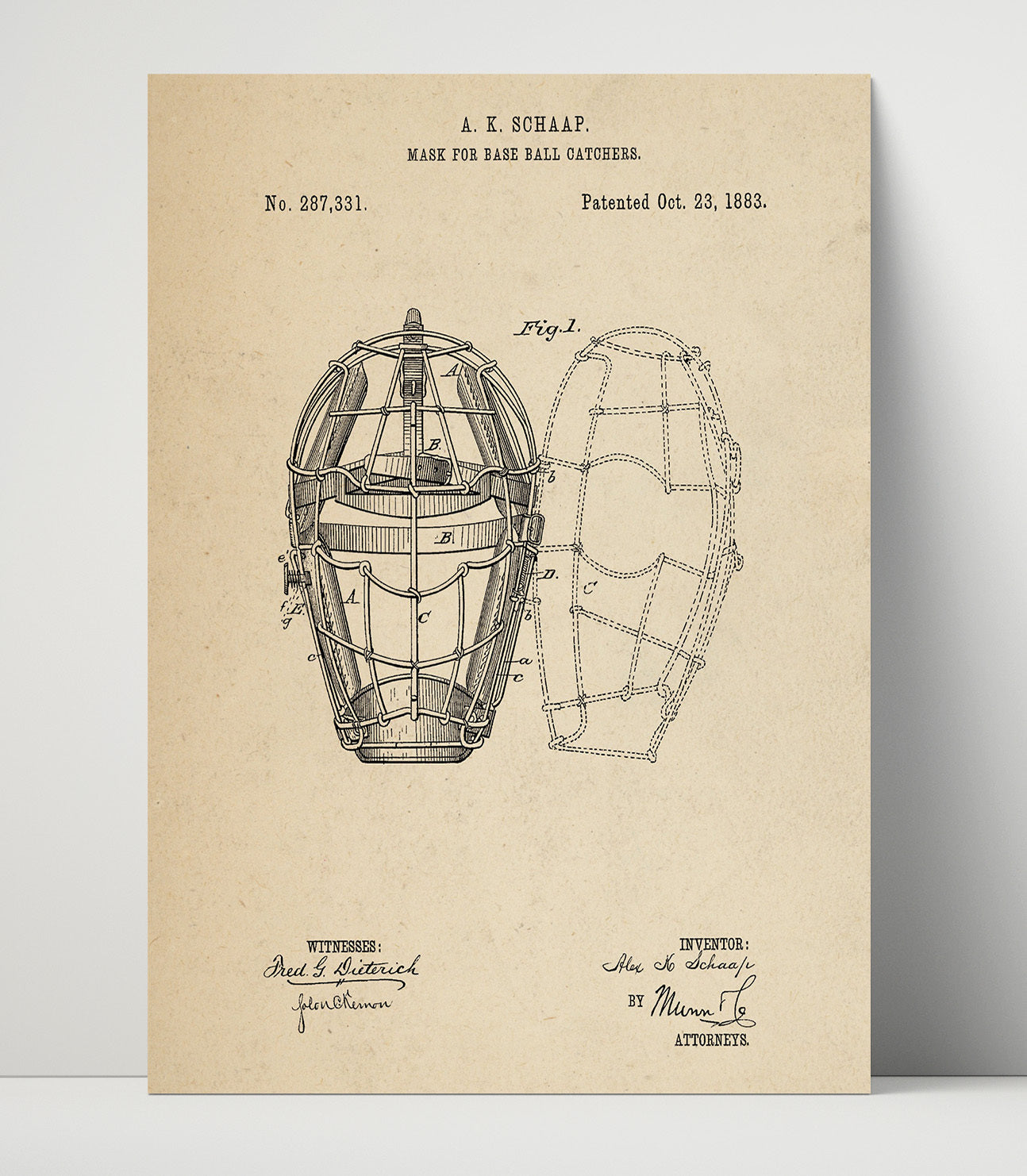 Patent Print - Catchers Mask - A K Schaap - 1883 - Patent 287331 Patent Wall Art