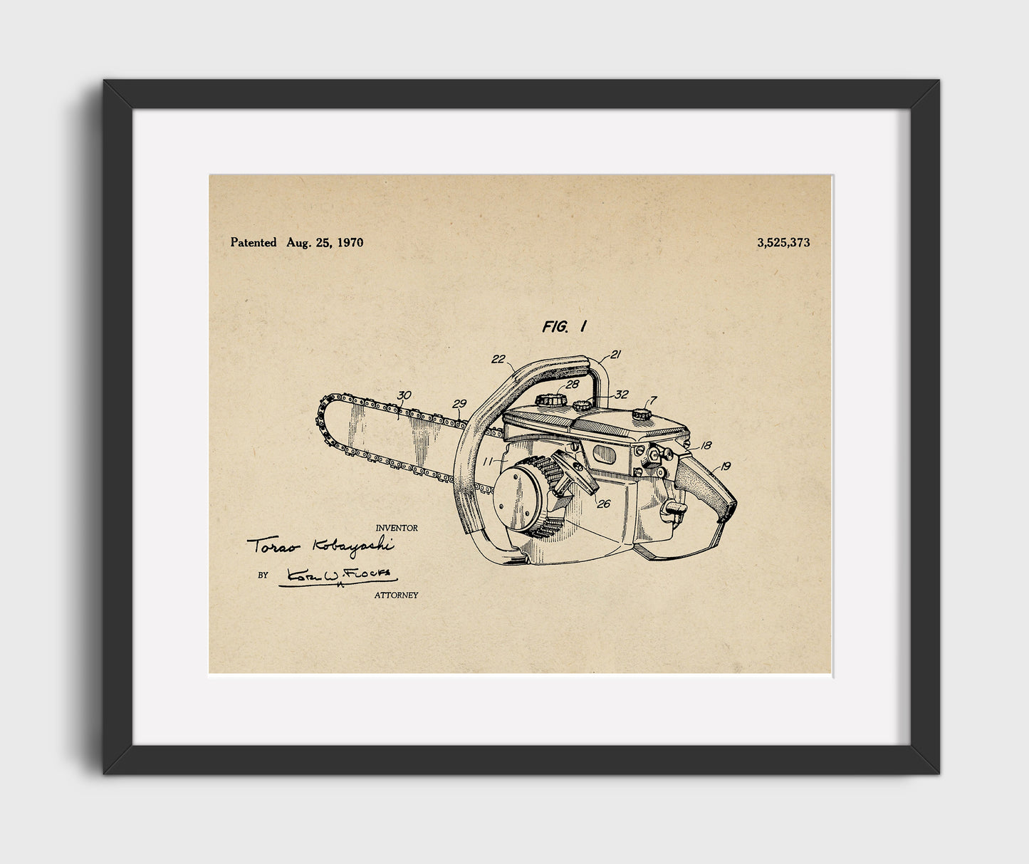 Chainsaw 1970 patent print wall art 16x20 Gallery Frame
