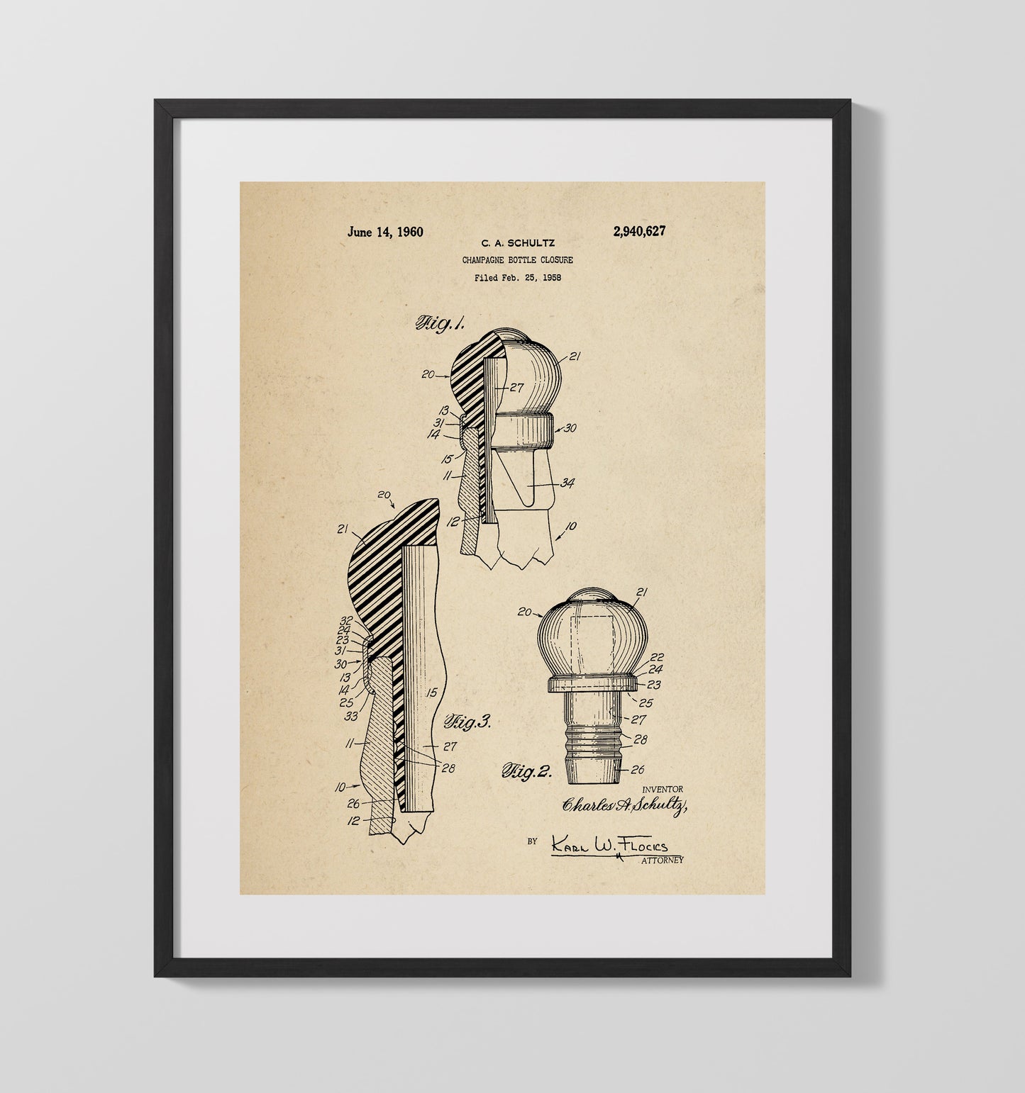 Champagne Bottle Closure 1960 patent print wall art 16x20 Gallery Frame