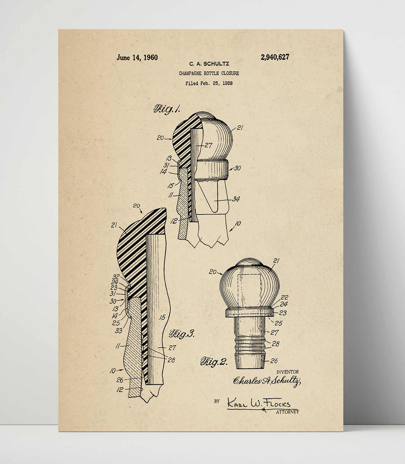Patent Print - Champagne Bottle Closure - C.A. Schultz - 1960 - Patent 2940627 Patent Wall Art