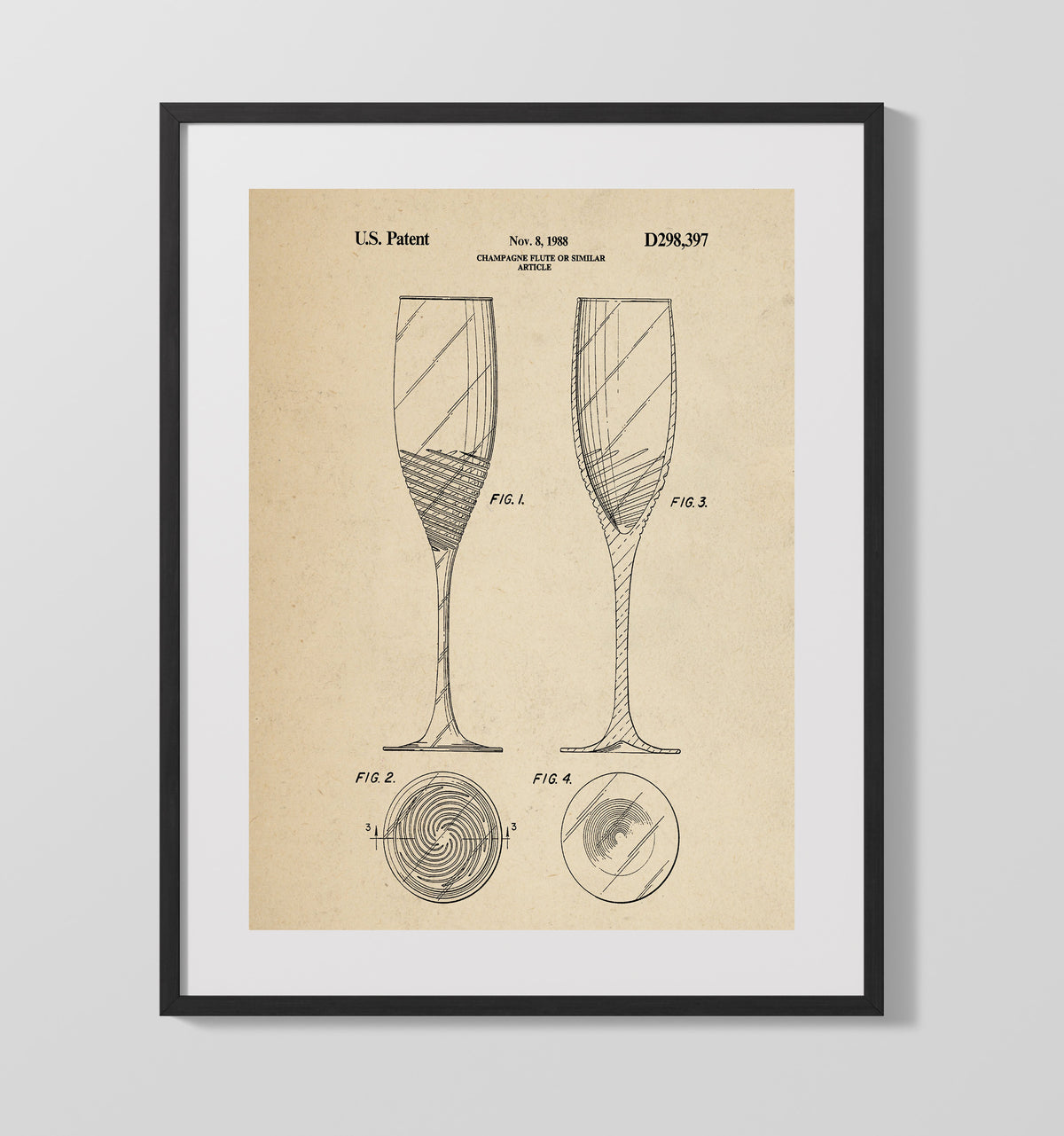 Champagne Flute Or Similar Article 1988 patent print wall art 16x20 Gallery Frame