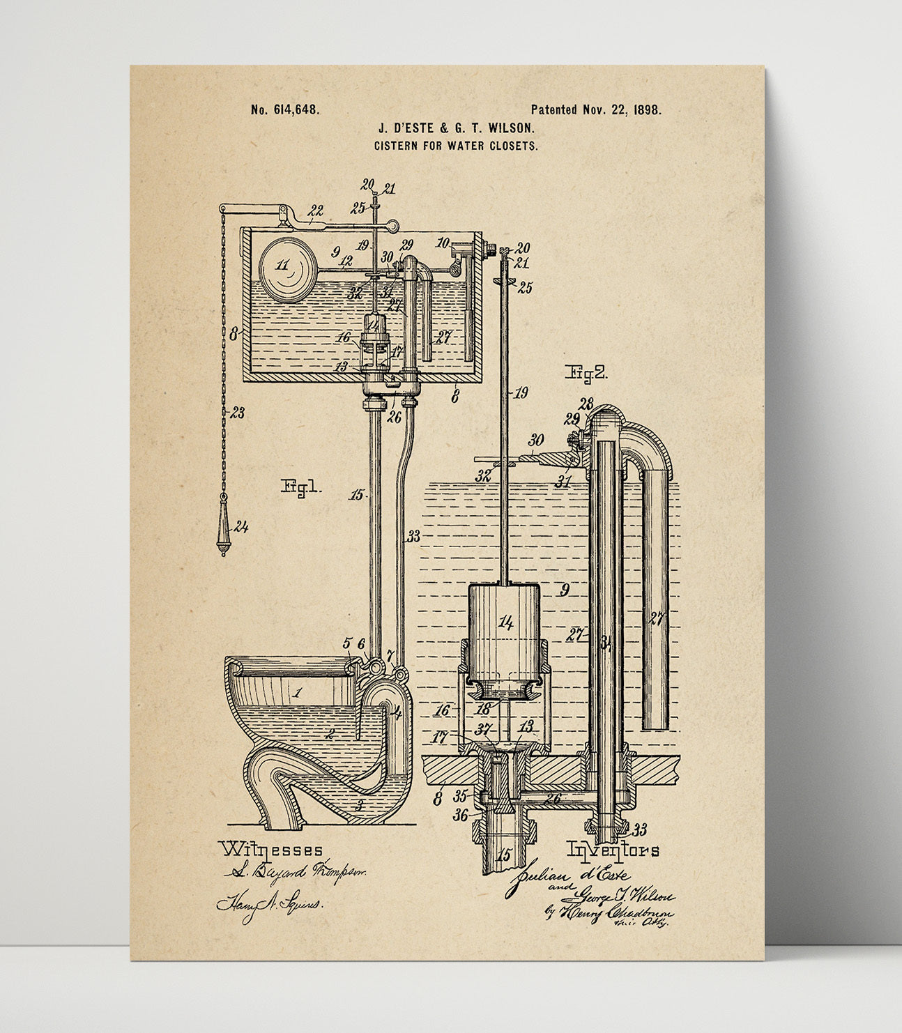 Patent Print - Cistern For Water Closets - Julian Deste And George T Wilson - 1898 - Patent 614648 Patent Wall Art