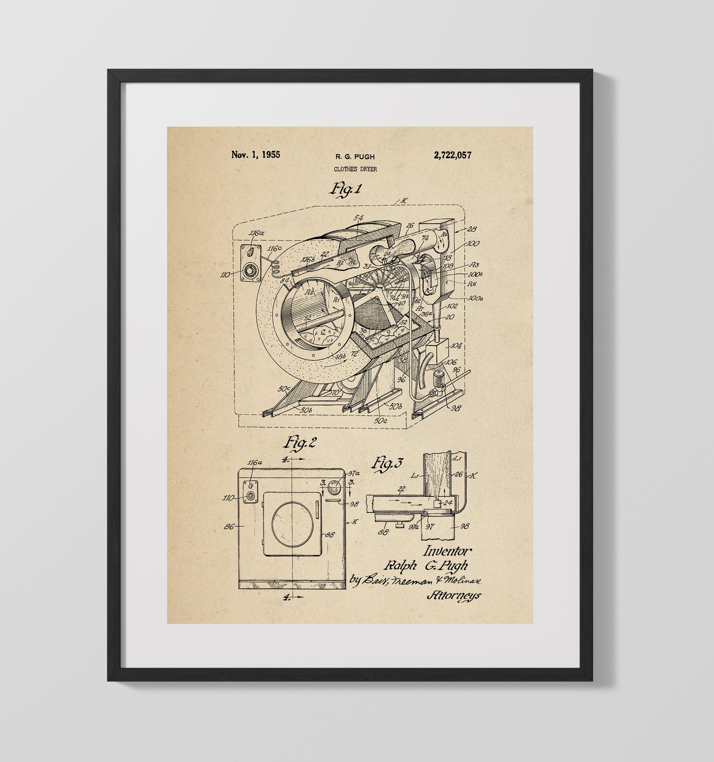 Clothes Dryer 1955 patent print wall art 16x20 Gallery Frame