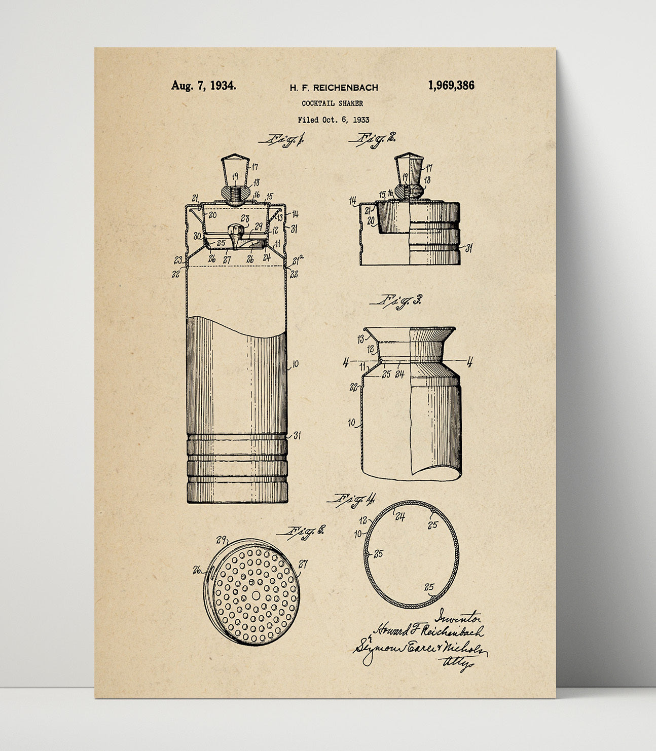 Patent Print - Cocktail Shaker - 1934 - Patent 1969386 Patent Wall Art