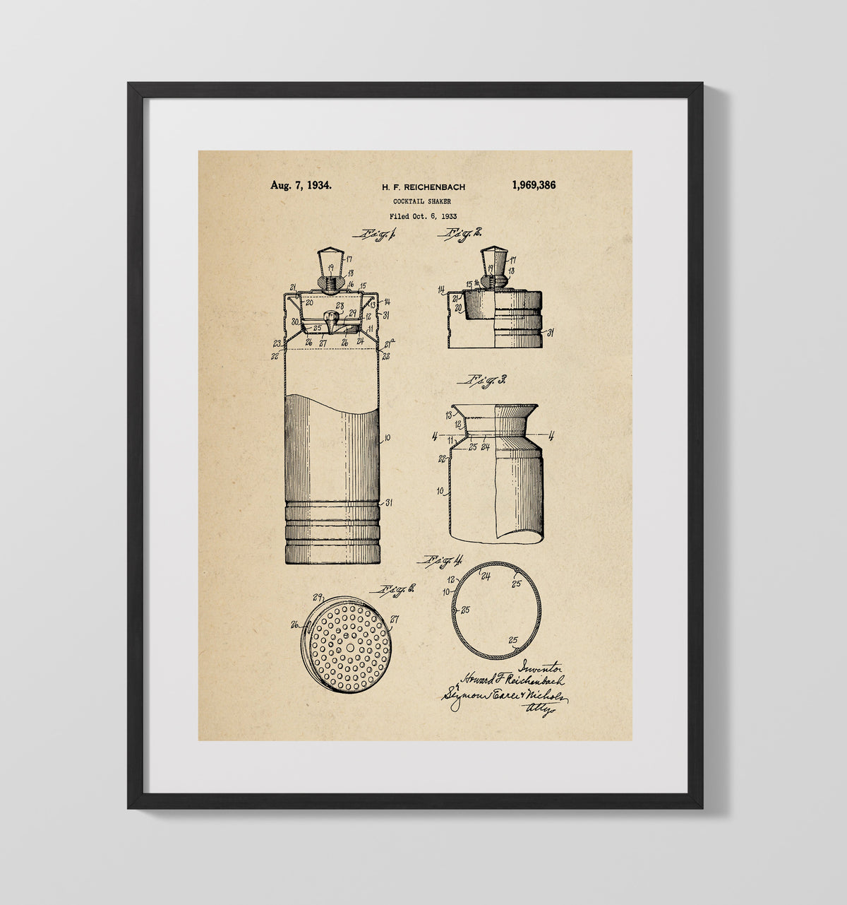 Cocktail Shaker 1934 patent print wall art 16x20 Gallery Frame