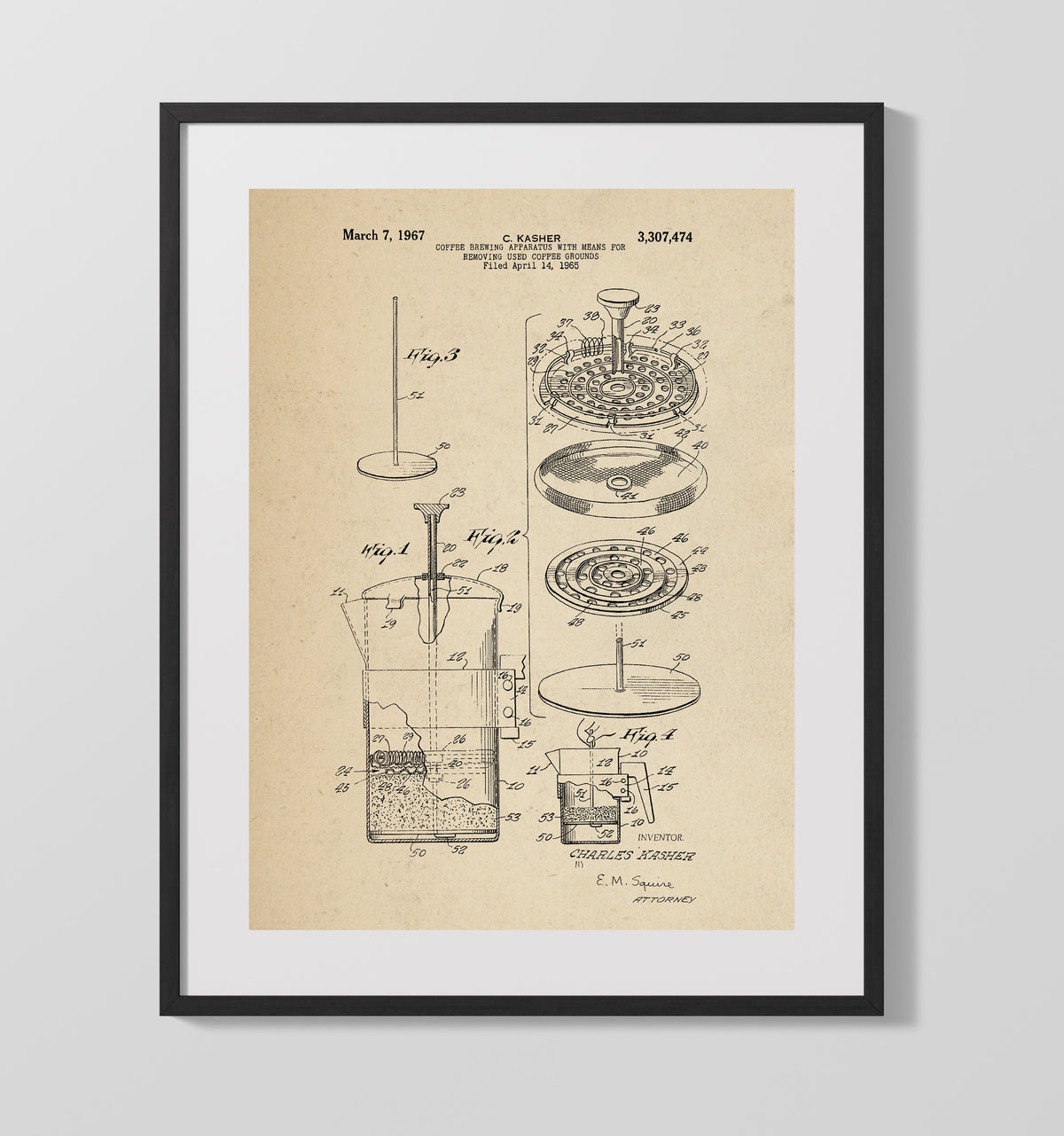 Coffee Brewing Apparatus 1967 patent print wall art 16x20 Gallery Frame