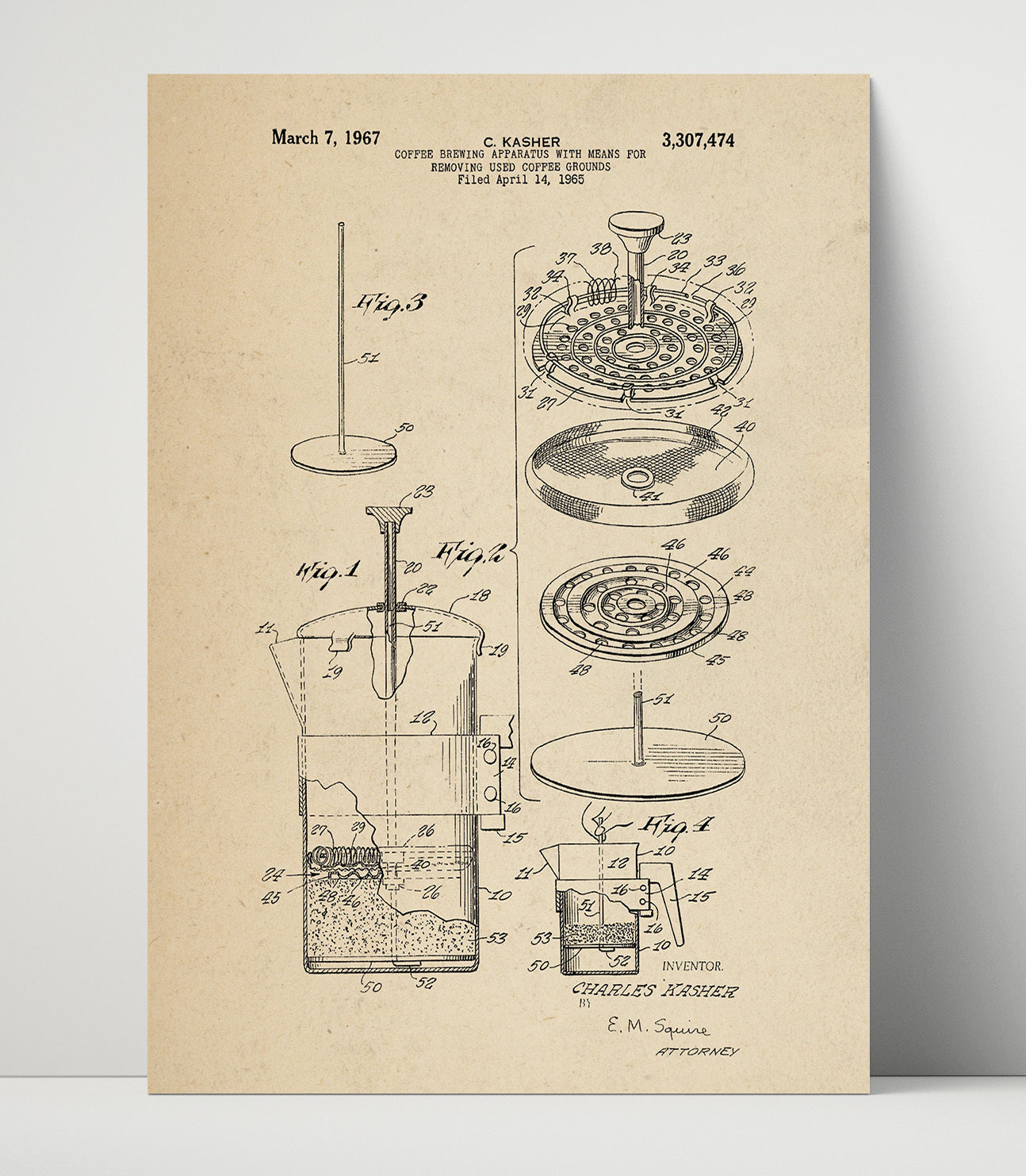 Patent Print - Coffee Brewing Apparatus - Charles Kasher - 1967 - Patent 3307474 Patent Wall Art