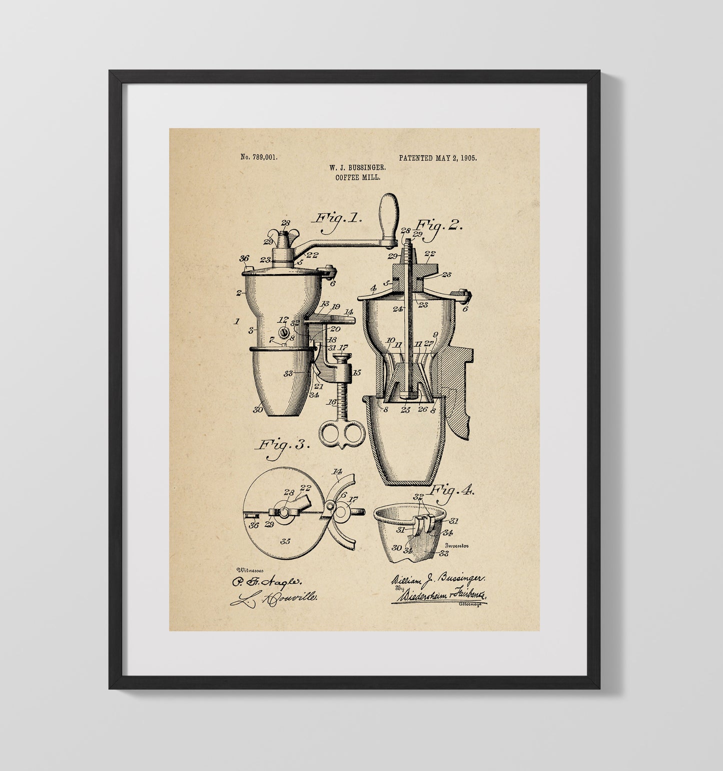 Coffee Mill 1905 patent print wall art 16x20 Gallery Frame