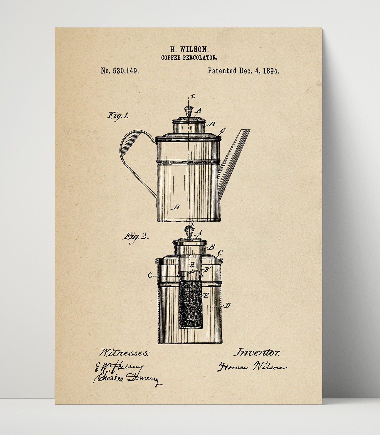Patent Print - Coffee Percolator - H. Wilson - 1894 - Patent 530149 Patent Wall Art