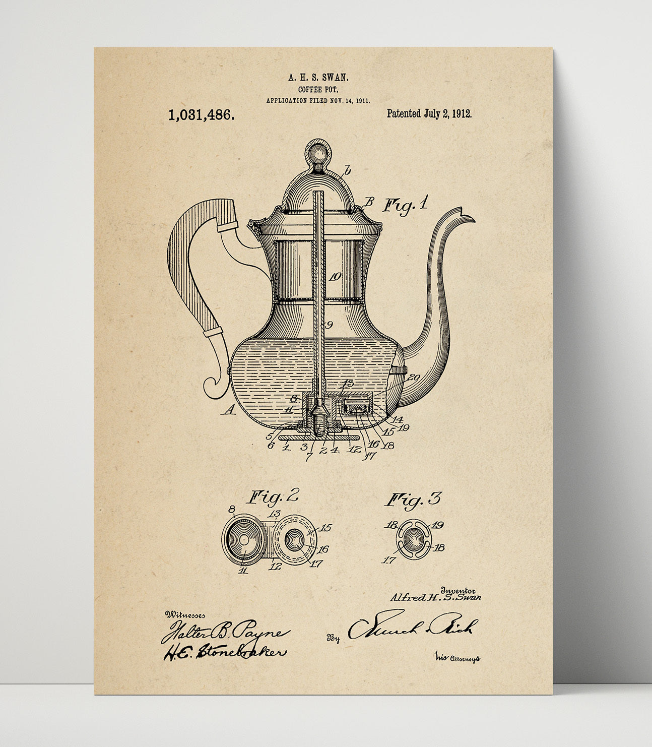 Patent Print - Coffee Pot - A.H.S. Swan - 1912 - Patent 1031486 Patent Wall Art