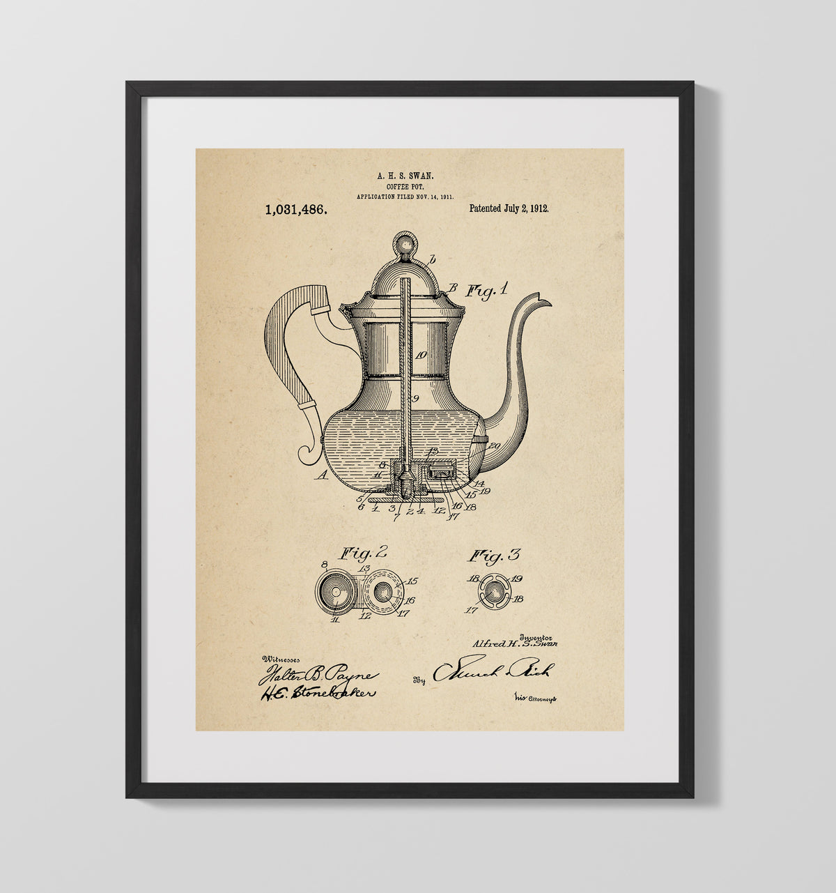Coffee Pot 1912 patent print wall art 16x20 Gallery Frame
