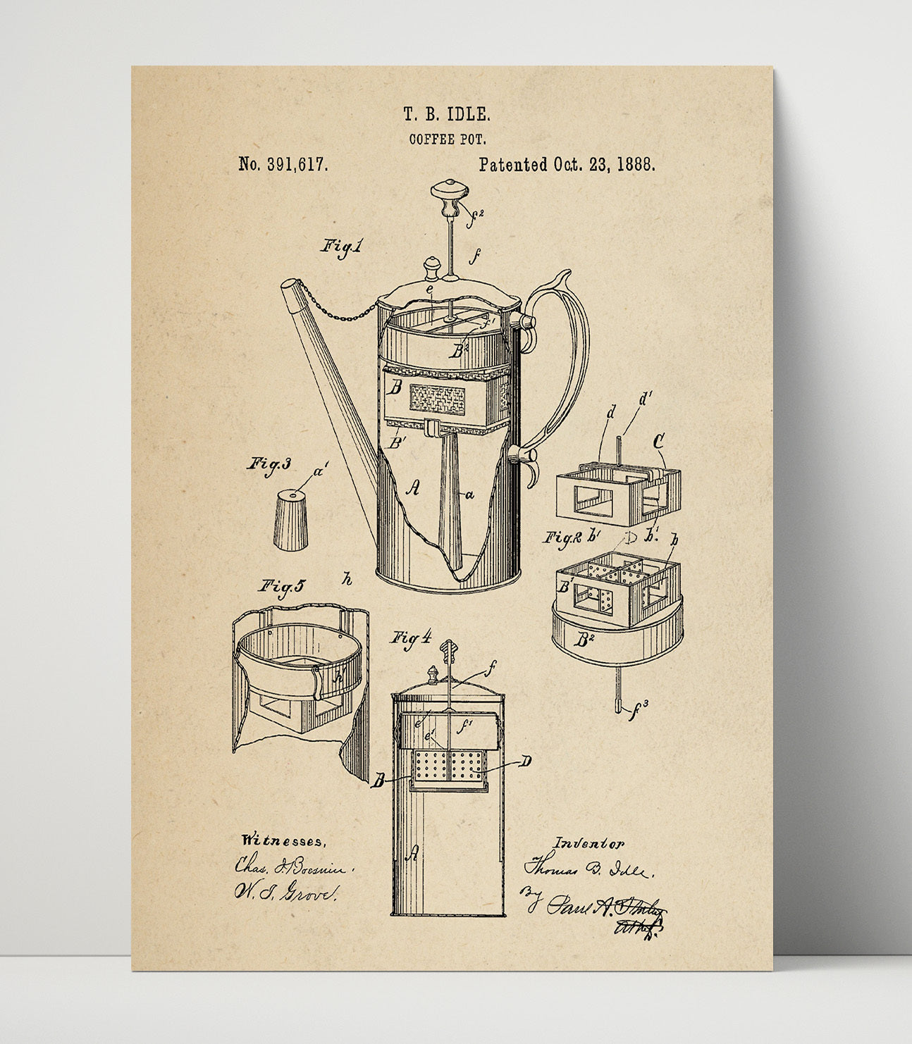 Patent Print - Coffee Pot - T.B. Idle - 1888 - Patent 391617 Patent Wall Art