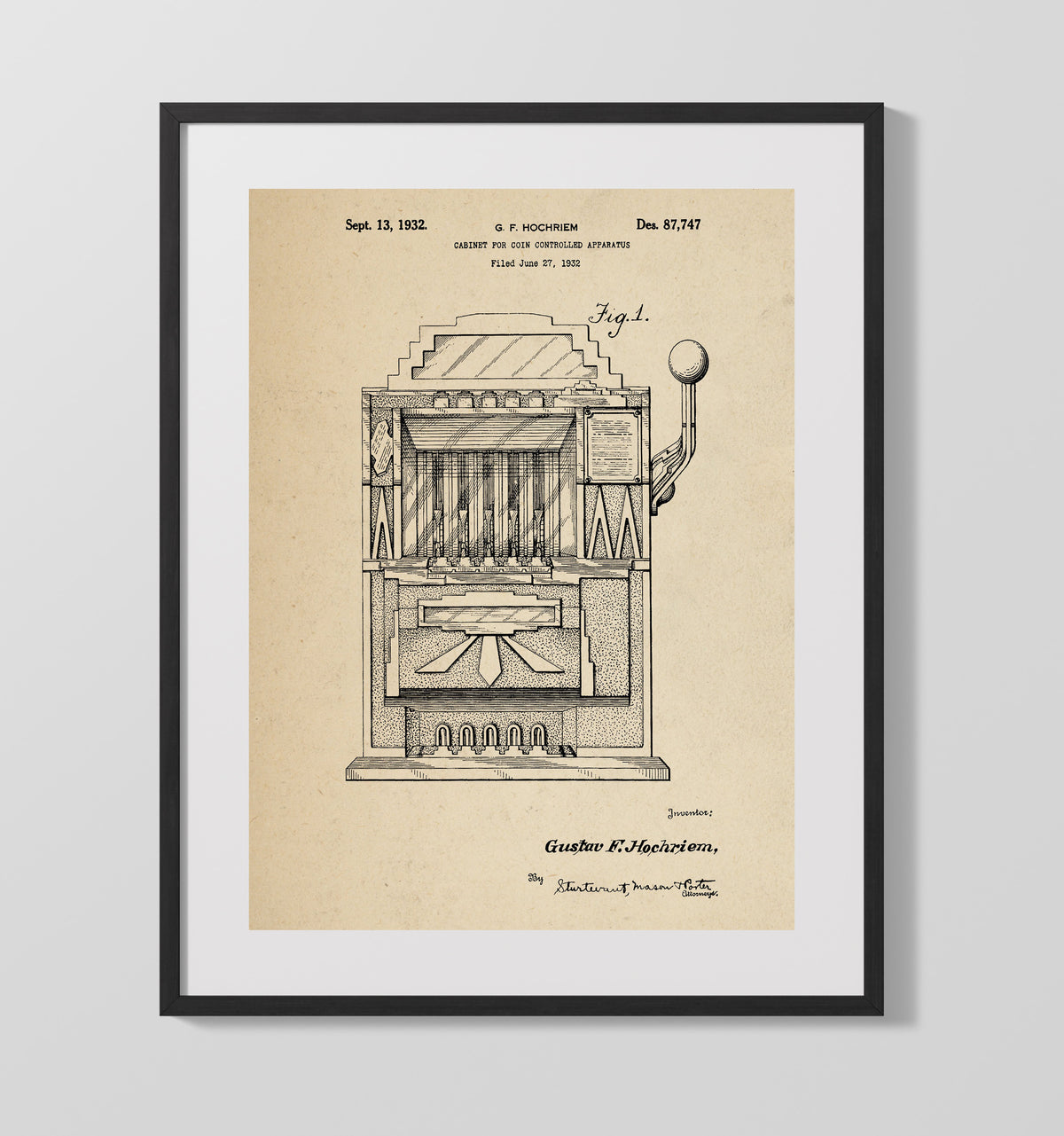 Coin Operated Cabinet Front View 1932 patent print wall art 16x20 Gallery Frame