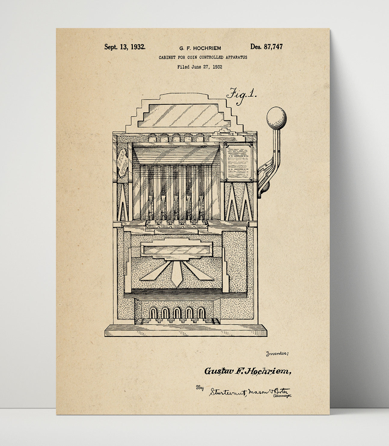 Patent Print - Coin Operated Cabinet Front View - Gustav F Hochriem - 1932 - Patent D87747 Patent Wall Art