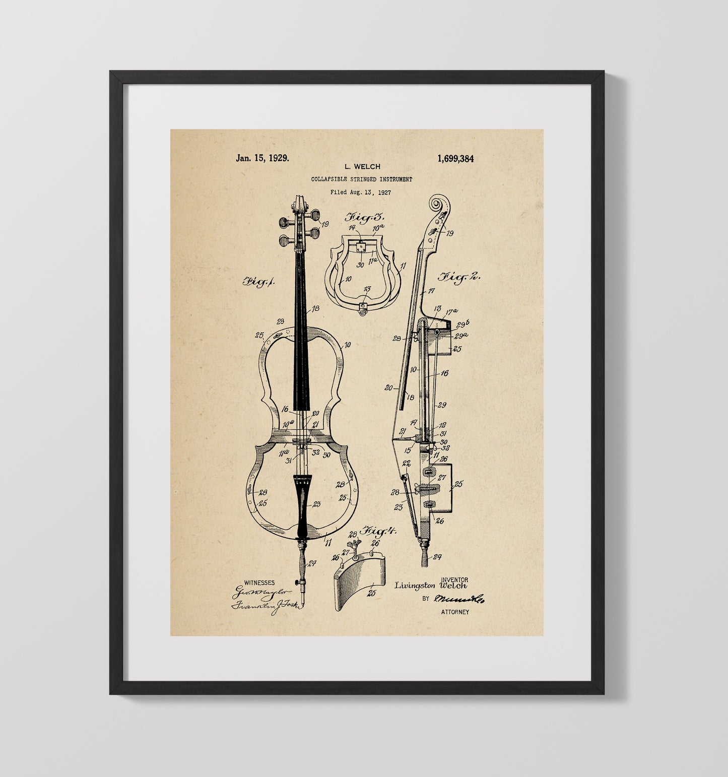 Collapsible Stringed Instrument 1929 patent print wall art 16x20 Gallery Frame