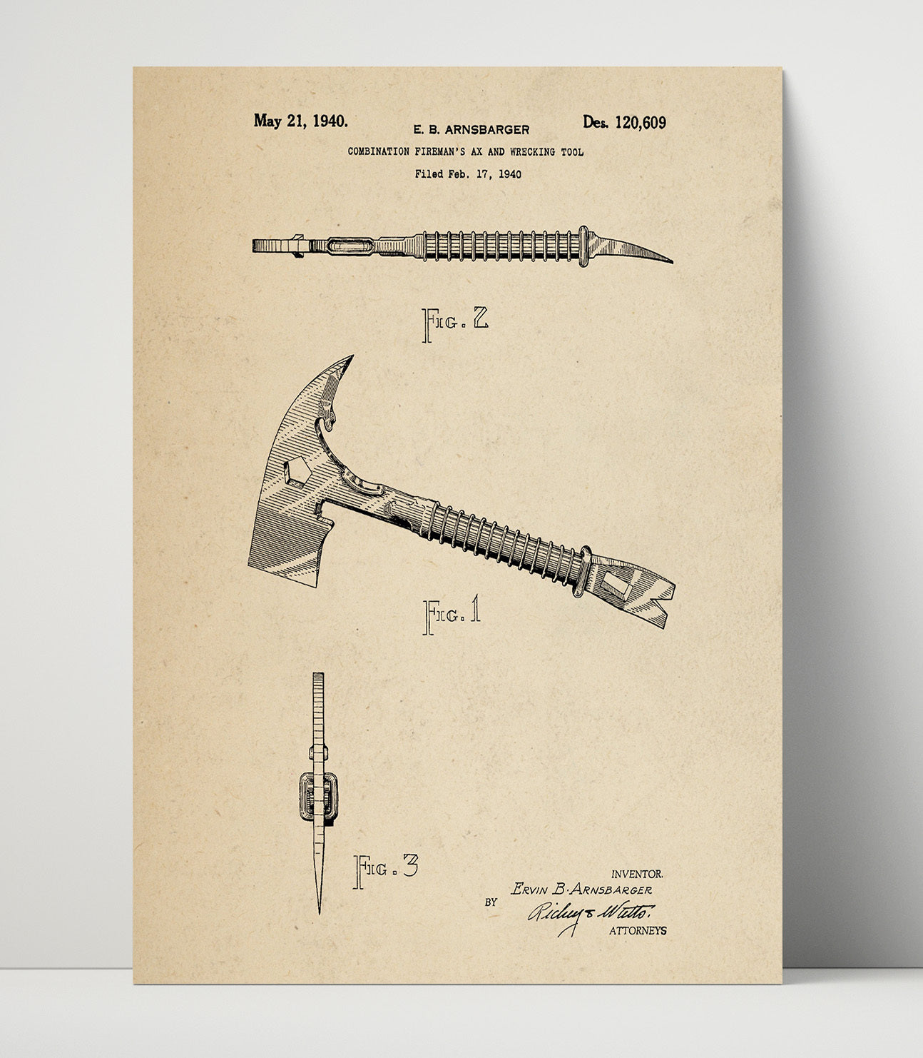 Patent Print - Combination Firemans Ax And Wrecking Tool - Ervin B. Arnsbarger - 1940 - Patent 120609 Patent Wall Art