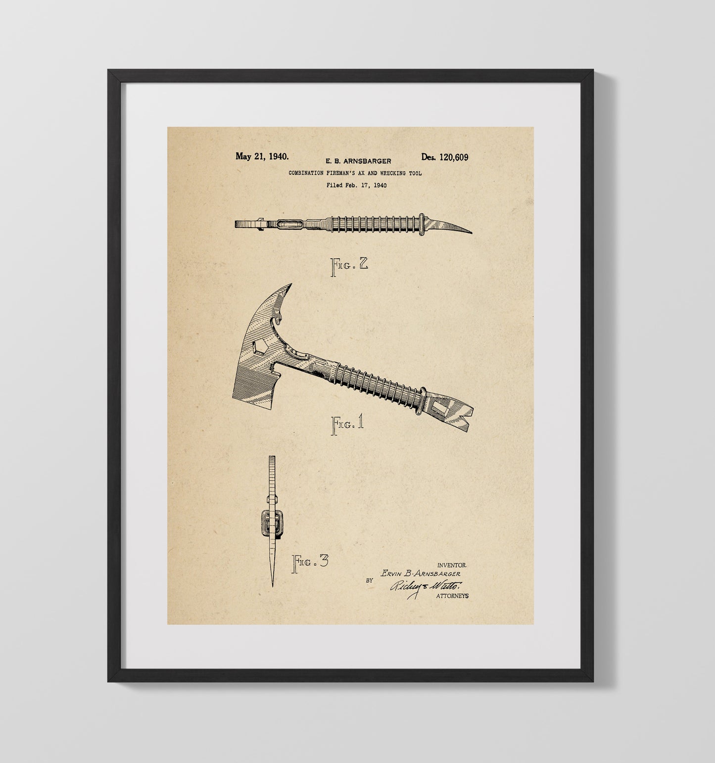 Combination Firemans Ax And Wrecking Tool 1940 patent print wall art 16x20 Gallery Frame