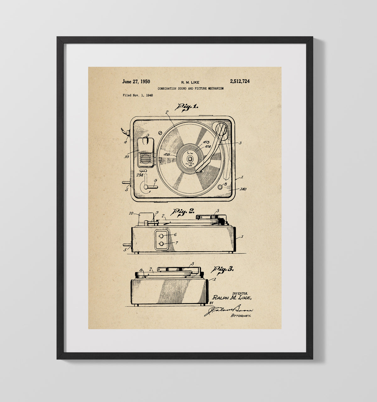 Combination Sound And Picture Mechanism 1950 patent print wall art 16x20 Gallery Frame
