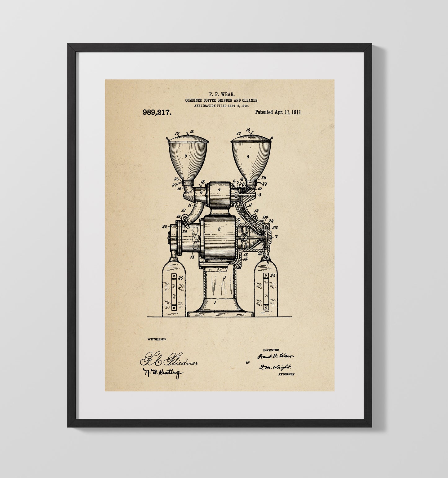 Combined Coffee Grinder And Cleaner 1911 patent print wall art 16x20 Gallery Frame