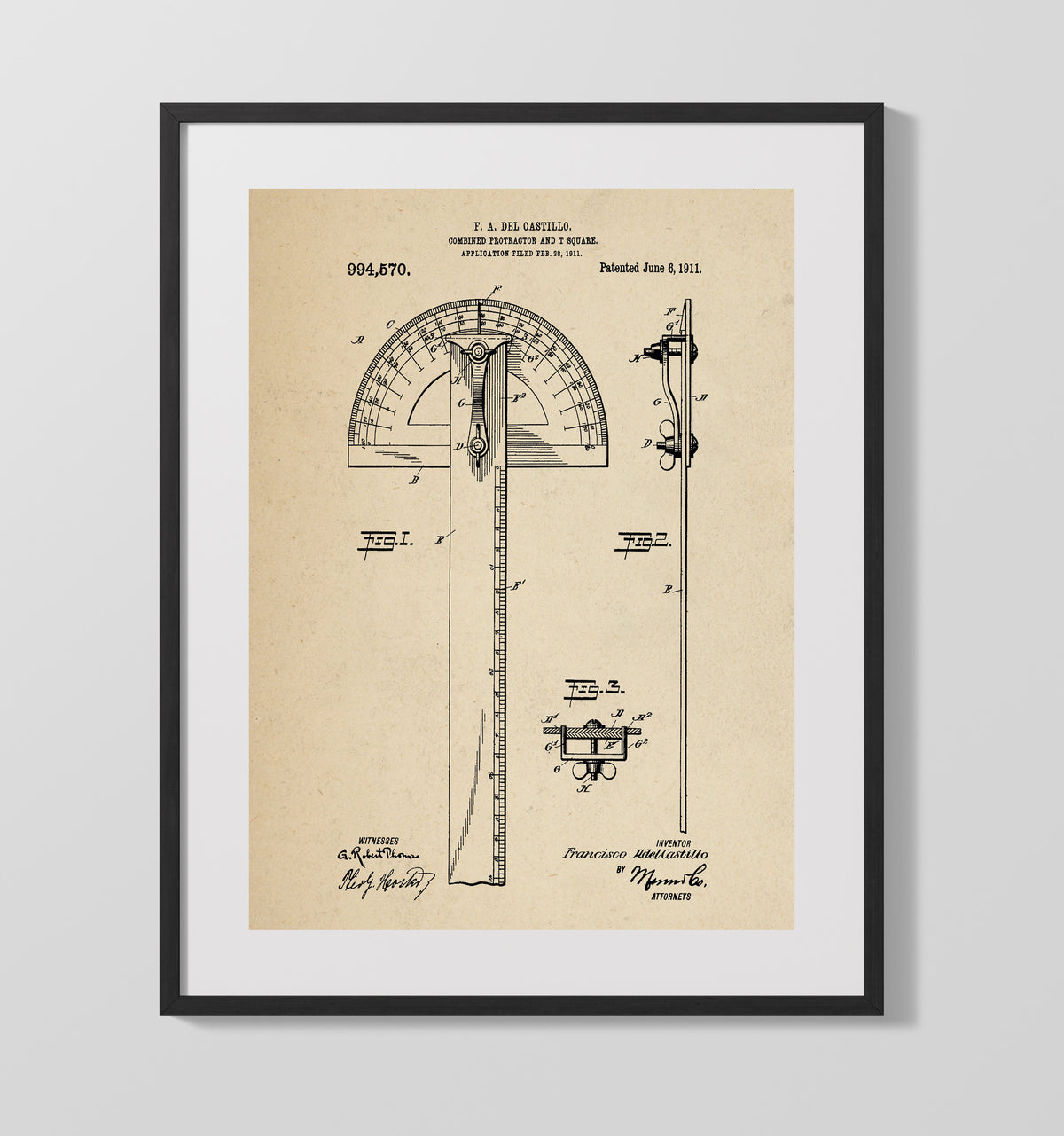 Combined Protractor And T Square 1911 patent print wall art 16x20 Gallery Frame