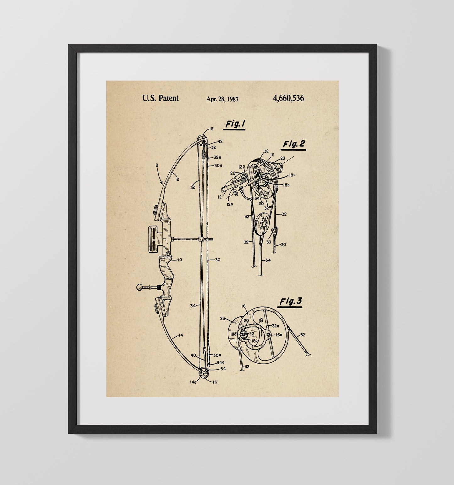 Compound Bow 1987 patent print wall art 16x20 Gallery Frame