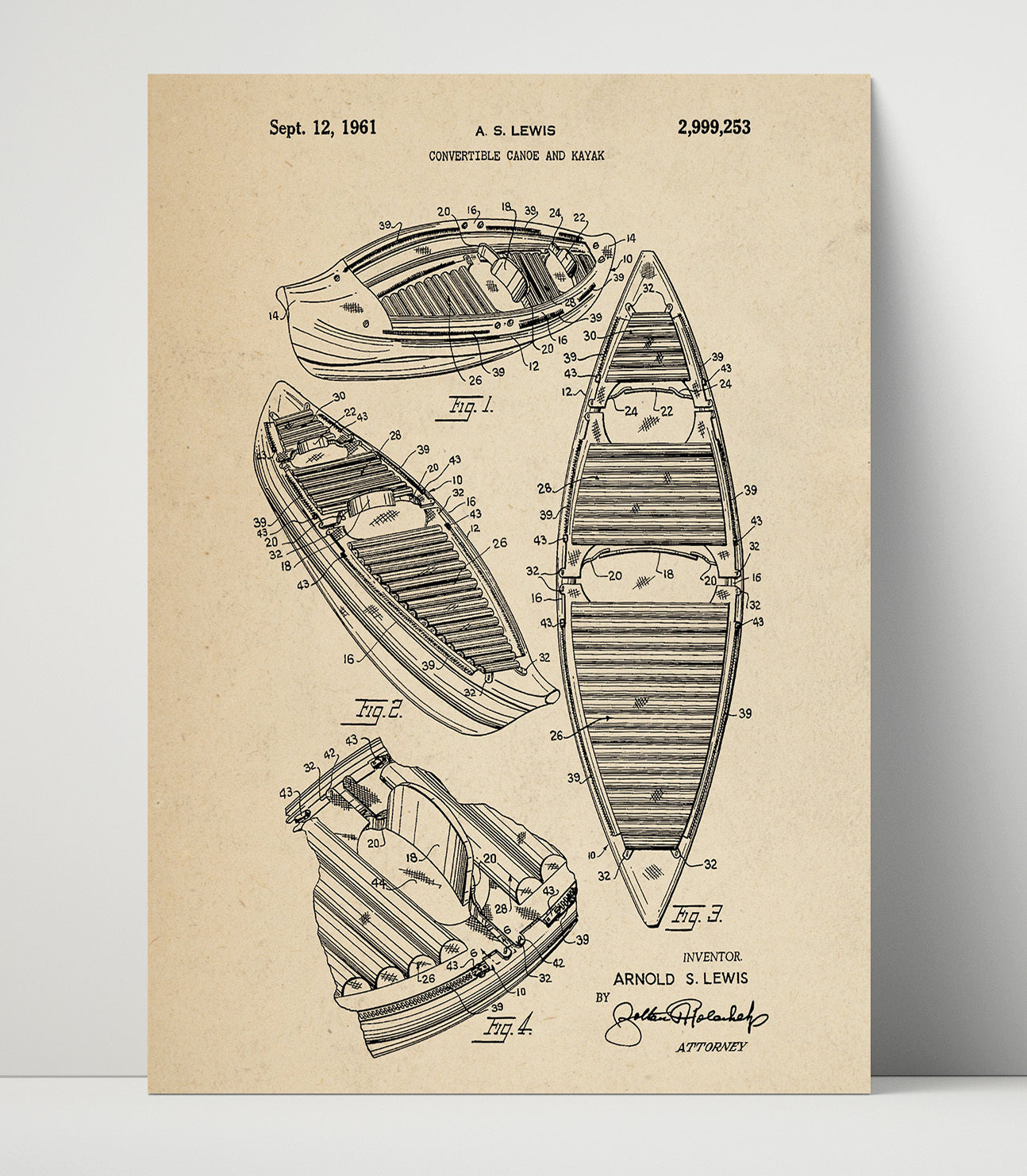 Patent Print - Convertible Canoe And Kayak - Arnold S Lewis - 1961 - Patent 2999253 Patent Wall Art