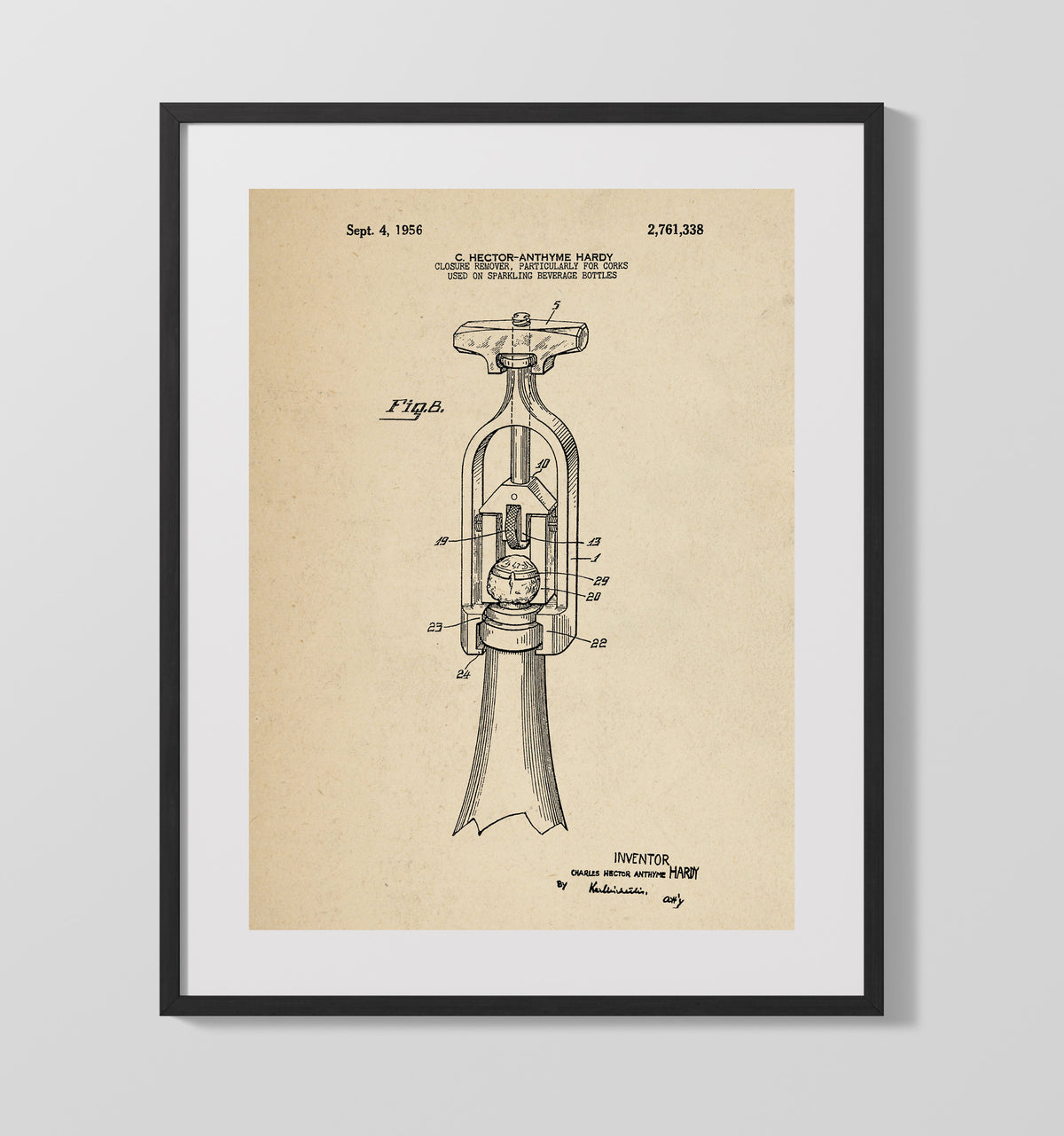 Cork Removal Tool 1956 patent print wall art 16x20 Gallery Frame
