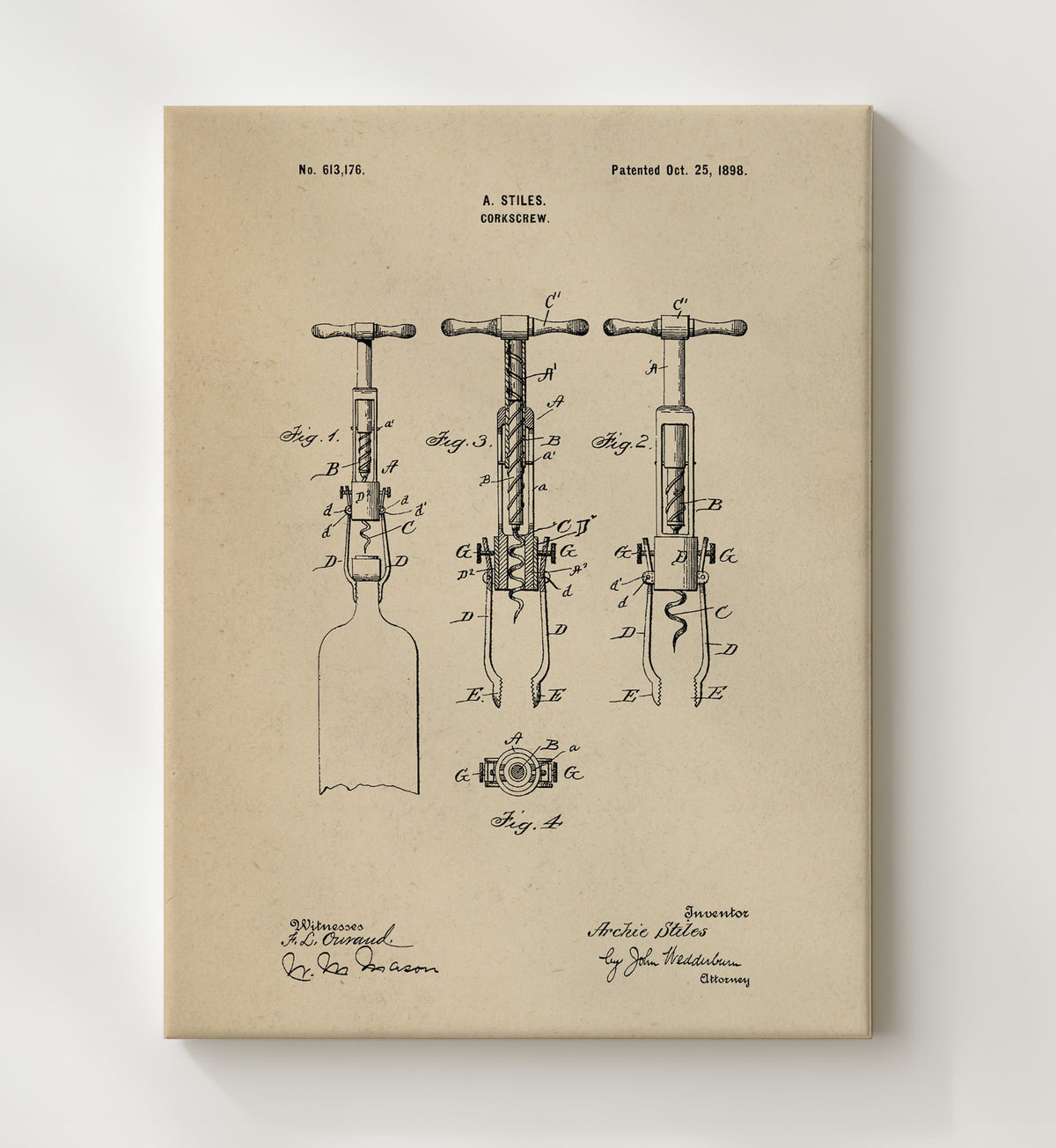 Corkscrew - 1898 Patent - 20x24 Canvas
